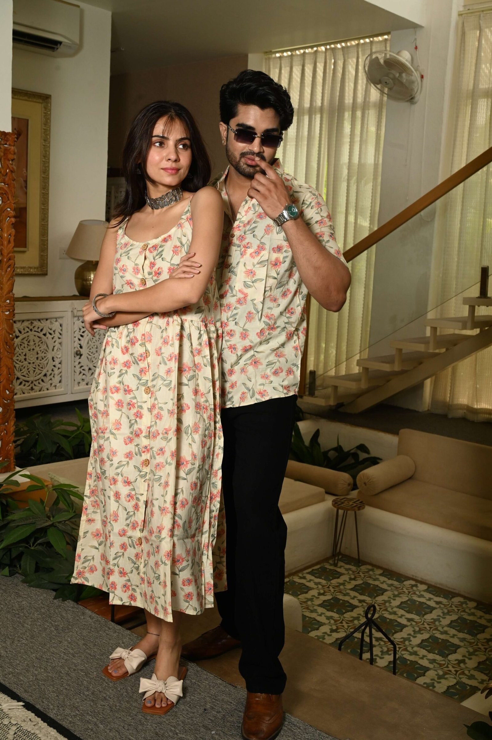 Couple Matching Outfit ? Cream Cotton Floral Printed Midi Dress & Shirt Set, Casual Summer Wear