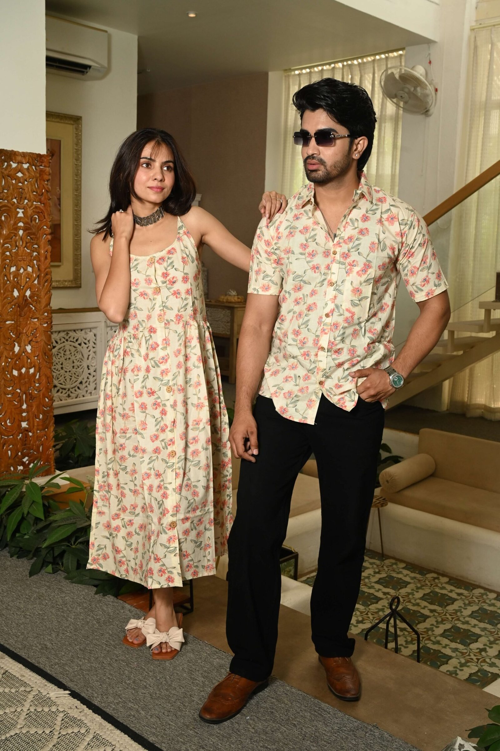 Couple Matching Outfit ? Cream Cotton Floral Printed Midi Dress & Shirt Set, Casual Summer Wear