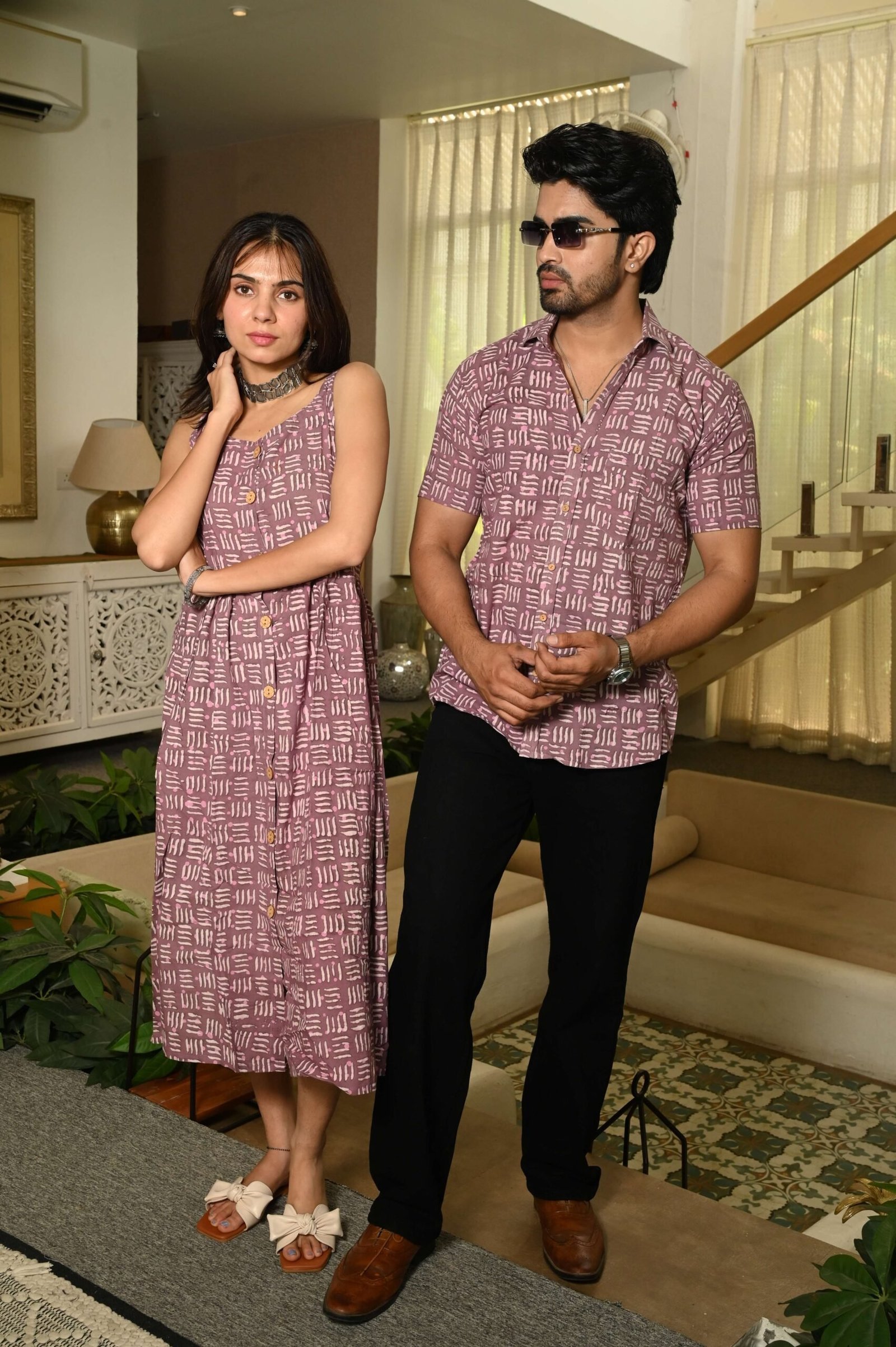 Couple Matching Outfit ? Lavender Cotton Block Print Midi Dress & Shirt Set, Summer Casual Wear