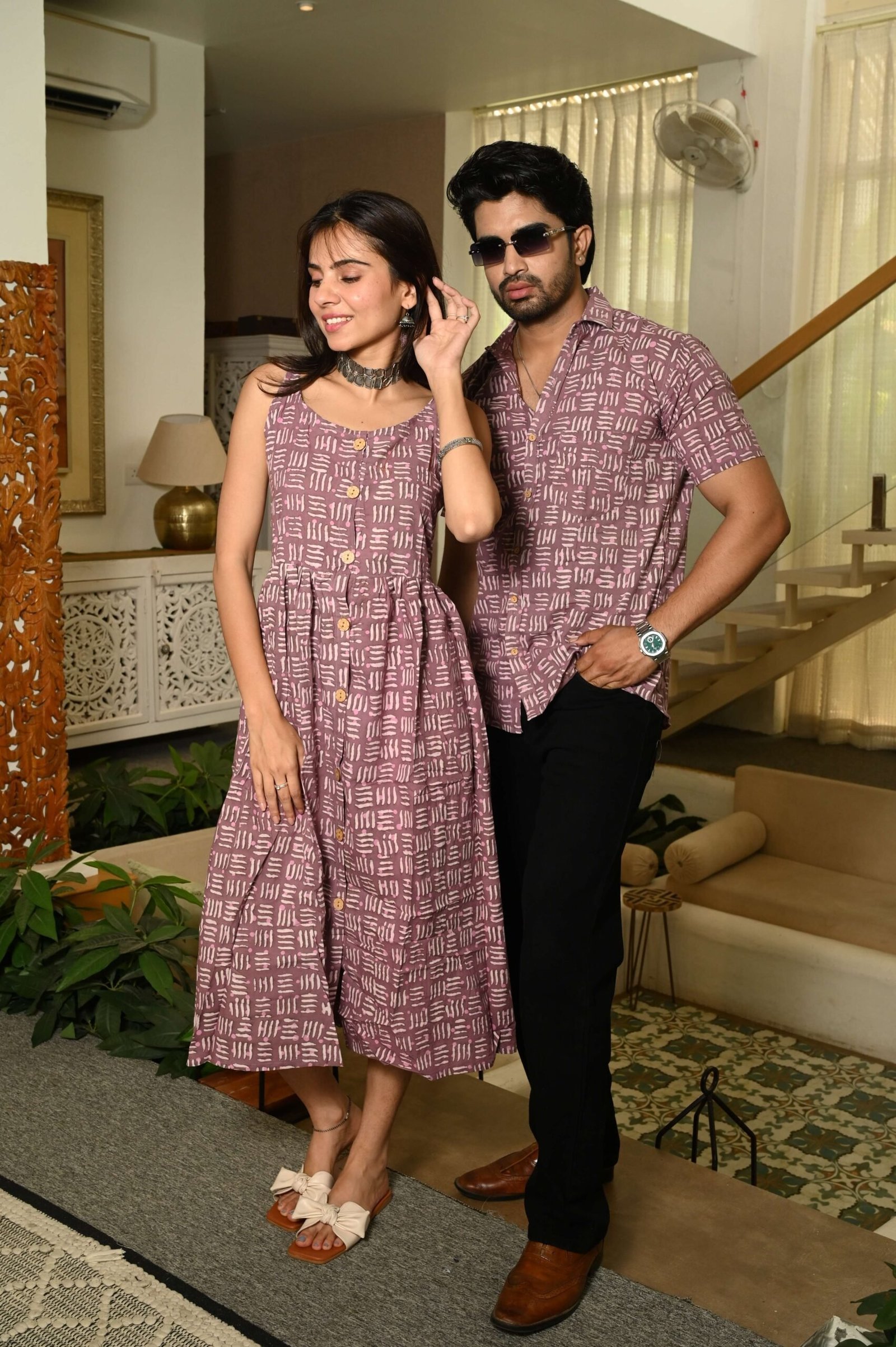 Couple Matching Outfit ? Lavender Cotton Block Print Midi Dress & Shirt Set, Summer Casual Wear