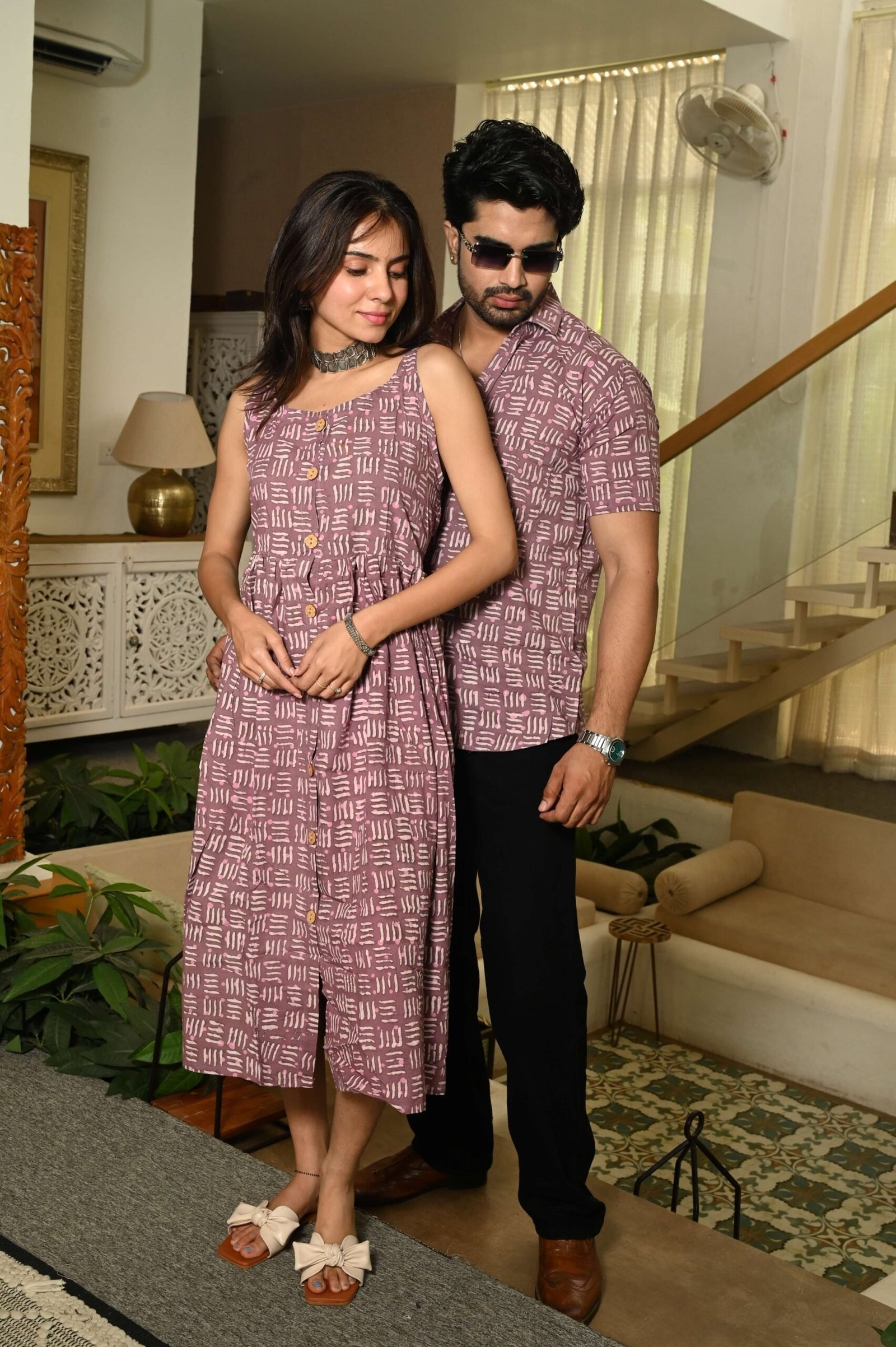 Couple Matching Outfit ? Lavender Cotton Block Print Midi Dress & Shirt Set, Summer Casual Wear
