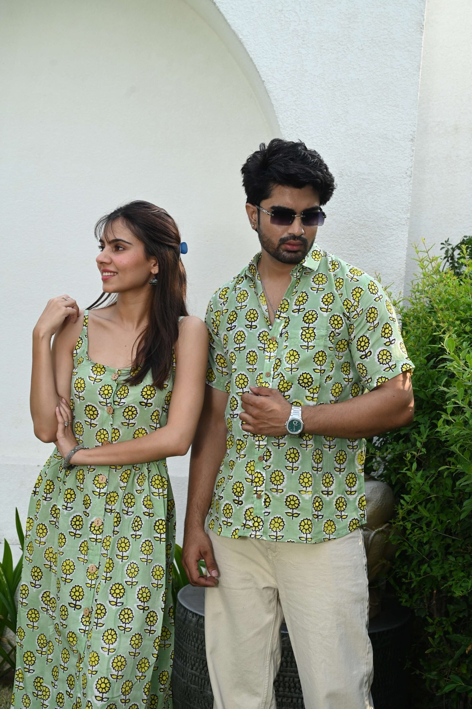 Couple Matching Outfit ? Light Green Cotton Printed Midi Dress & Shirt Set, Summer Casual Wear