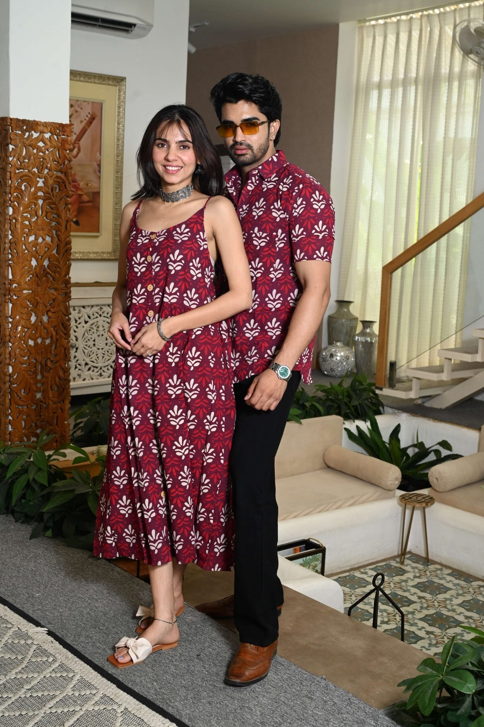 Couple Matching Outfit ? Maroon Cotton Floral Printed Midi Dress & Shirt Set, Summer Casual Wear