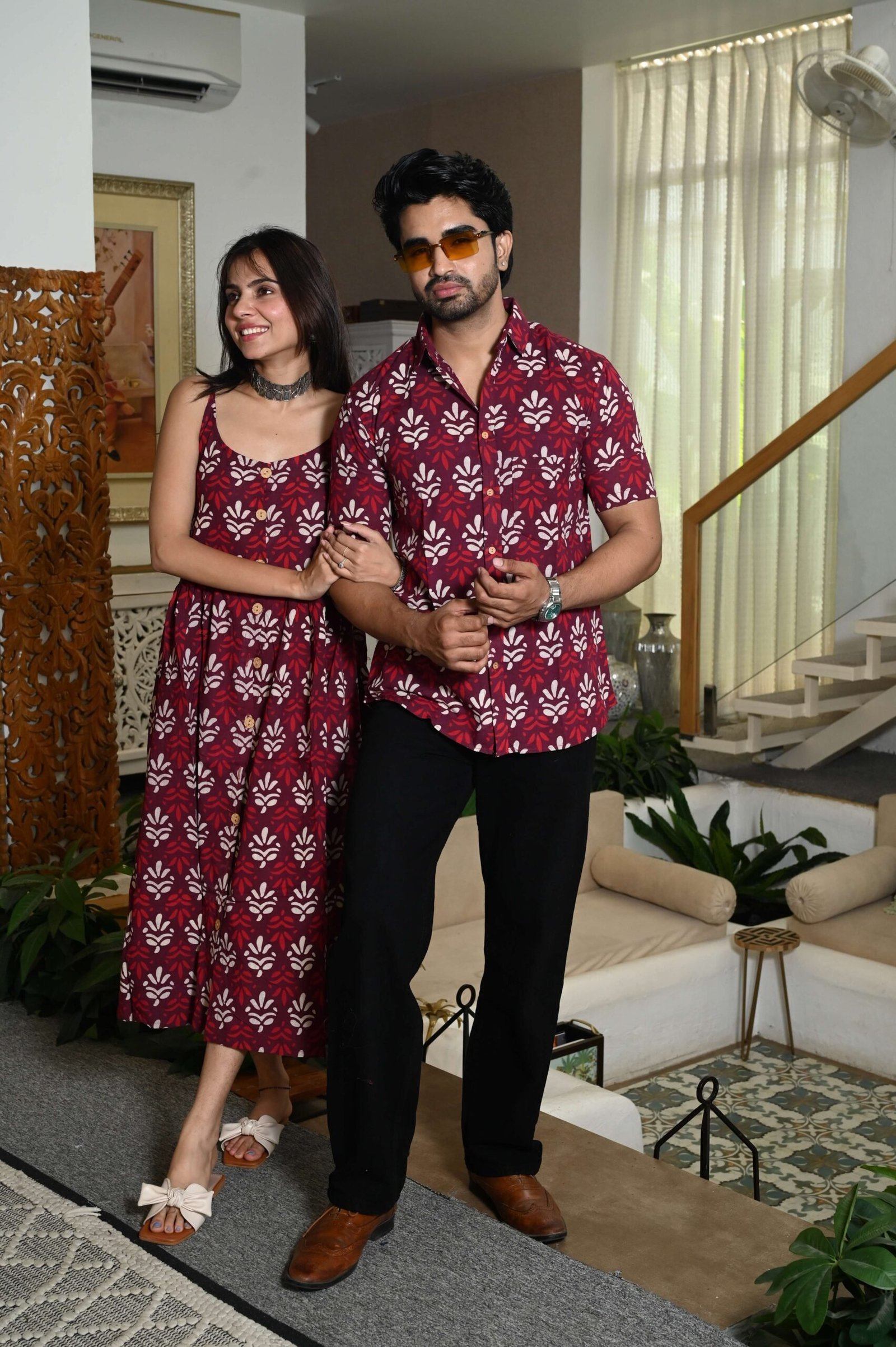 Couple Matching Outfit ? Maroon Cotton Floral Printed Midi Dress & Shirt Set, Summer Casual Wear
