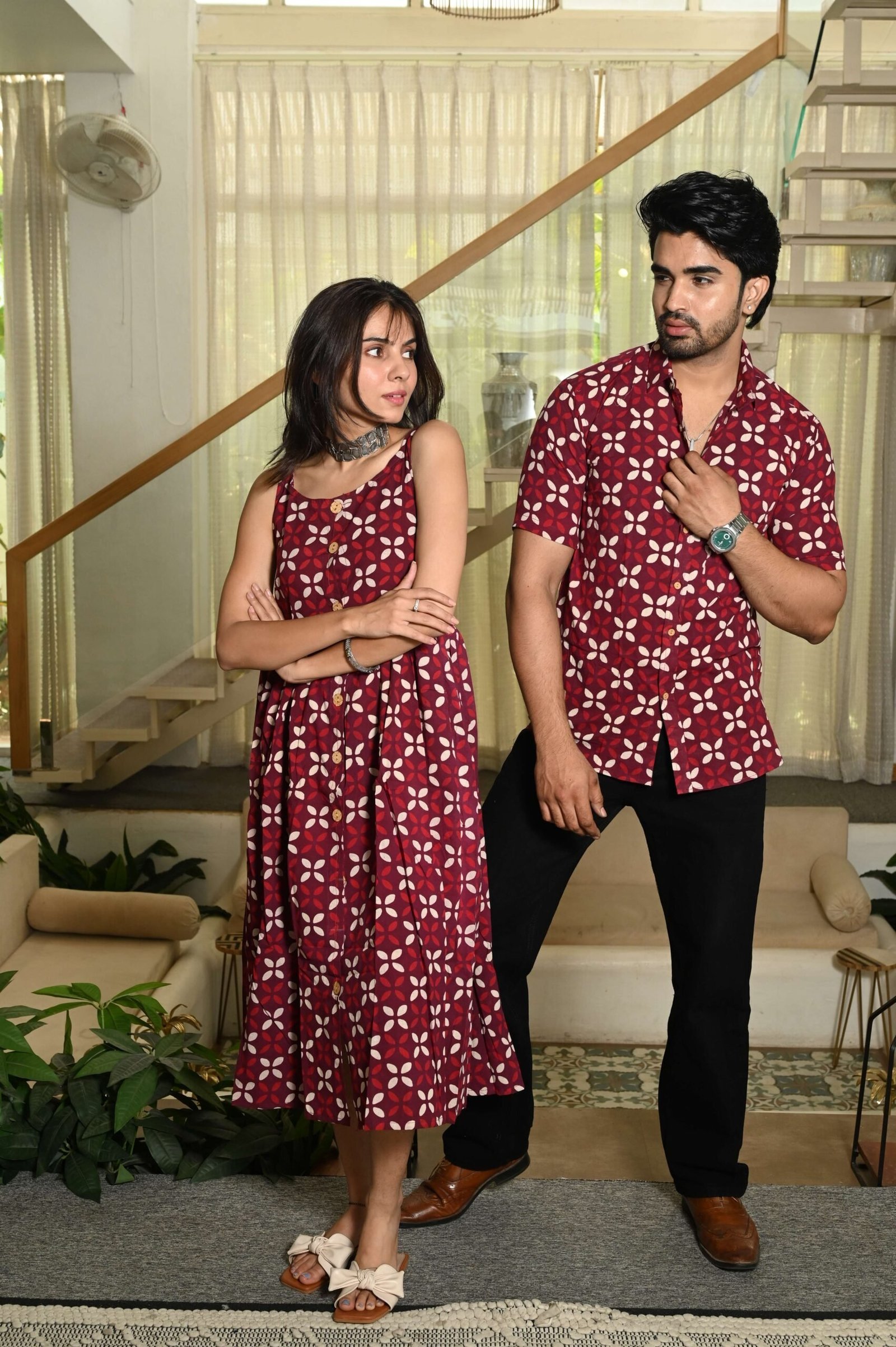 Couple Matching Outfit ? Maroon Cotton Printed Midi Dress & Shirt Set, Stylish Summer Wear