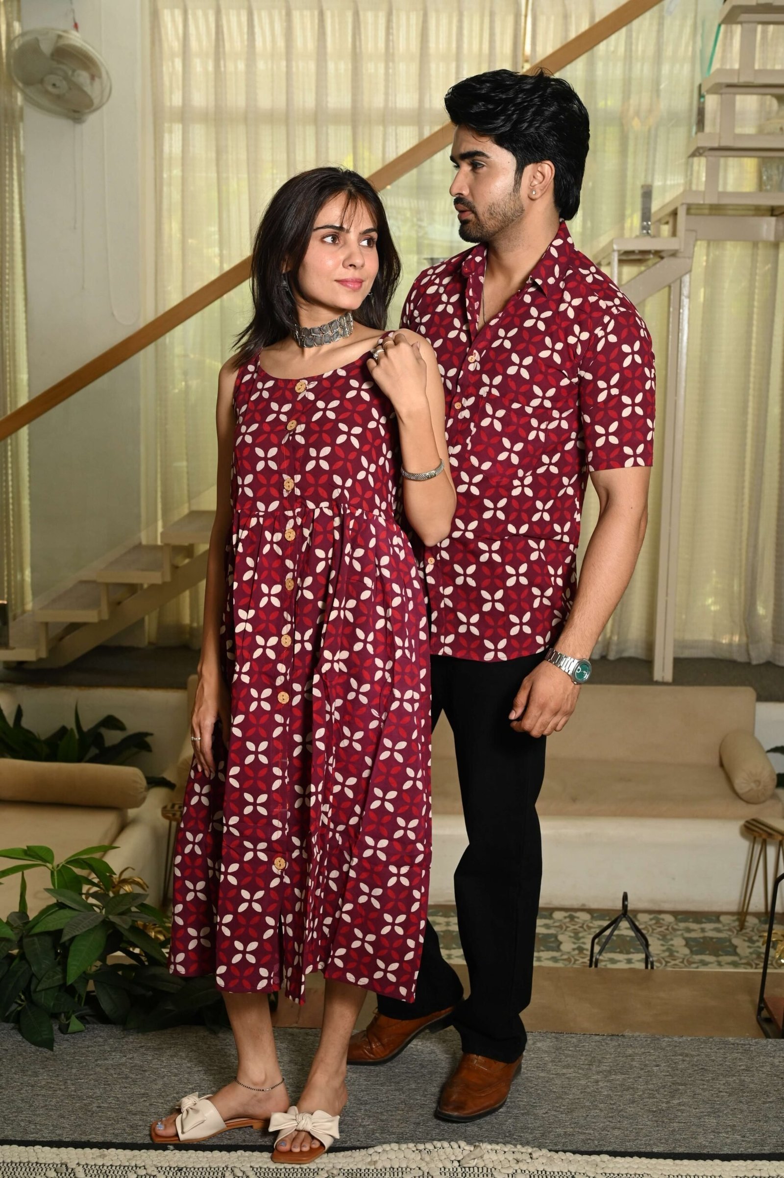Couple Matching Outfit ? Maroon Cotton Printed Midi Dress & Shirt Set, Stylish Summer Wear