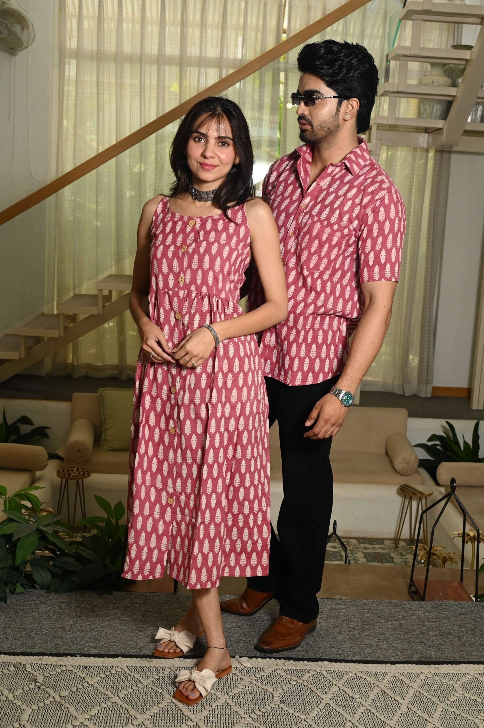Couple Matching Outfit ? Maroon Cotton Printed Midi Dress & Shirt Set, Stylish Summer Wear