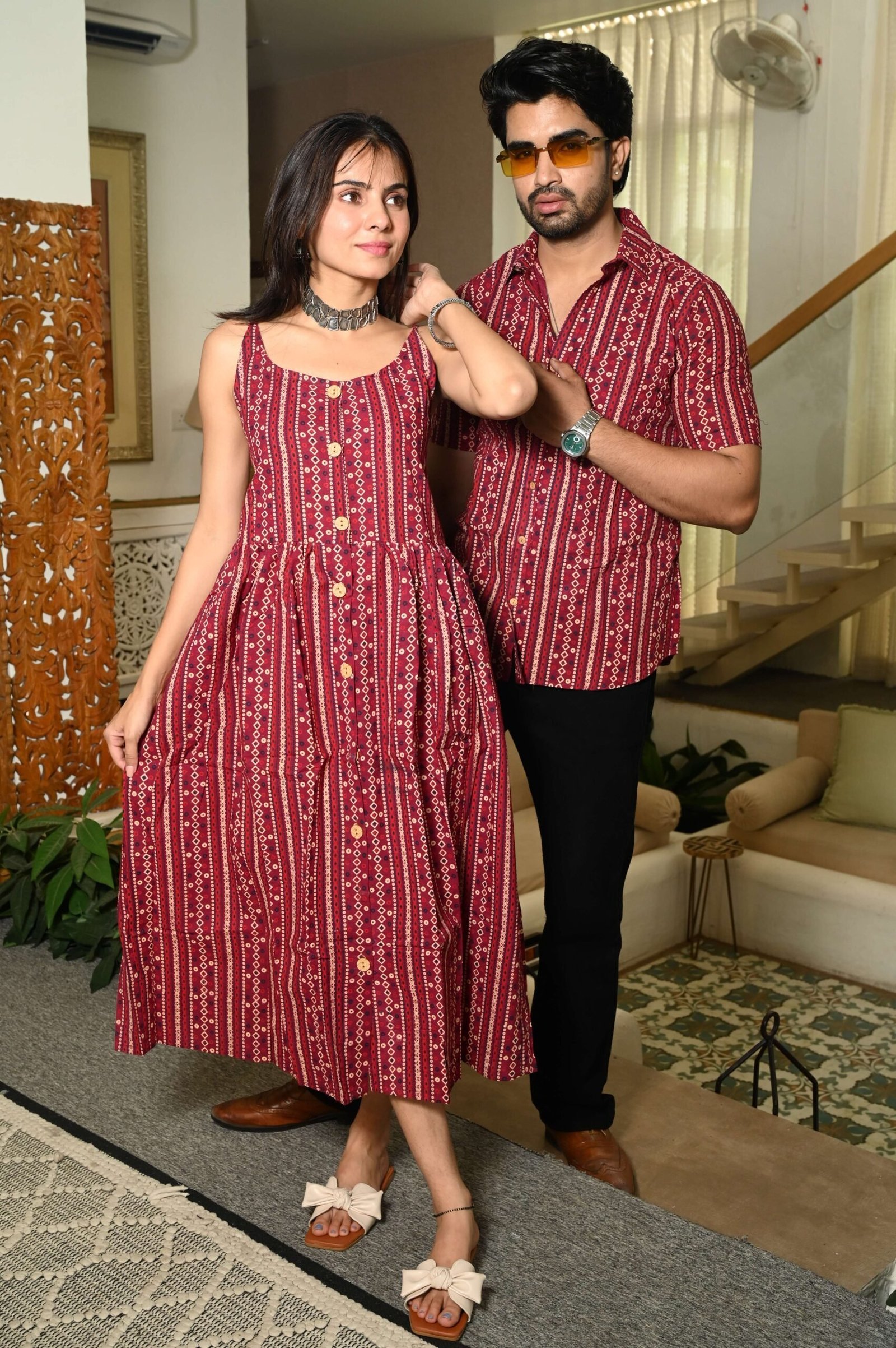 Couple Matching Outfit ? Maroon Cotton Striped Printed Midi Dress & Shirt Set, Casual Summer Wear