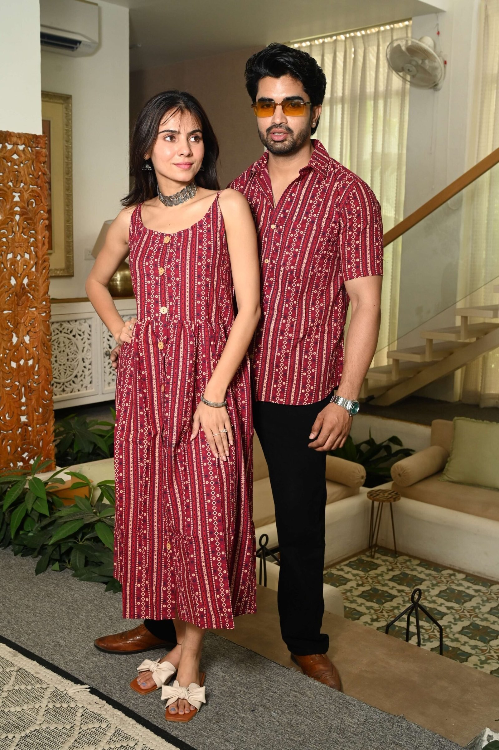 Couple Matching Outfit ? Maroon Cotton Striped Printed Midi Dress & Shirt Set, Casual Summer Wear