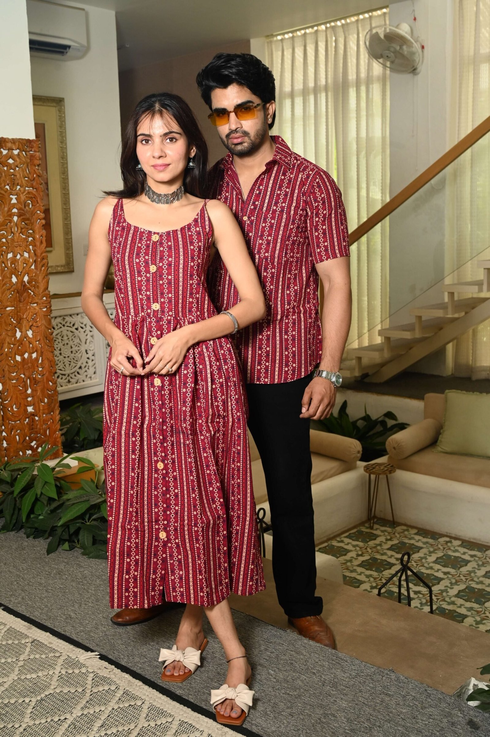 Couple Matching Outfit ? Maroon Cotton Striped Printed Midi Dress & Shirt Set, Casual Summer Wear