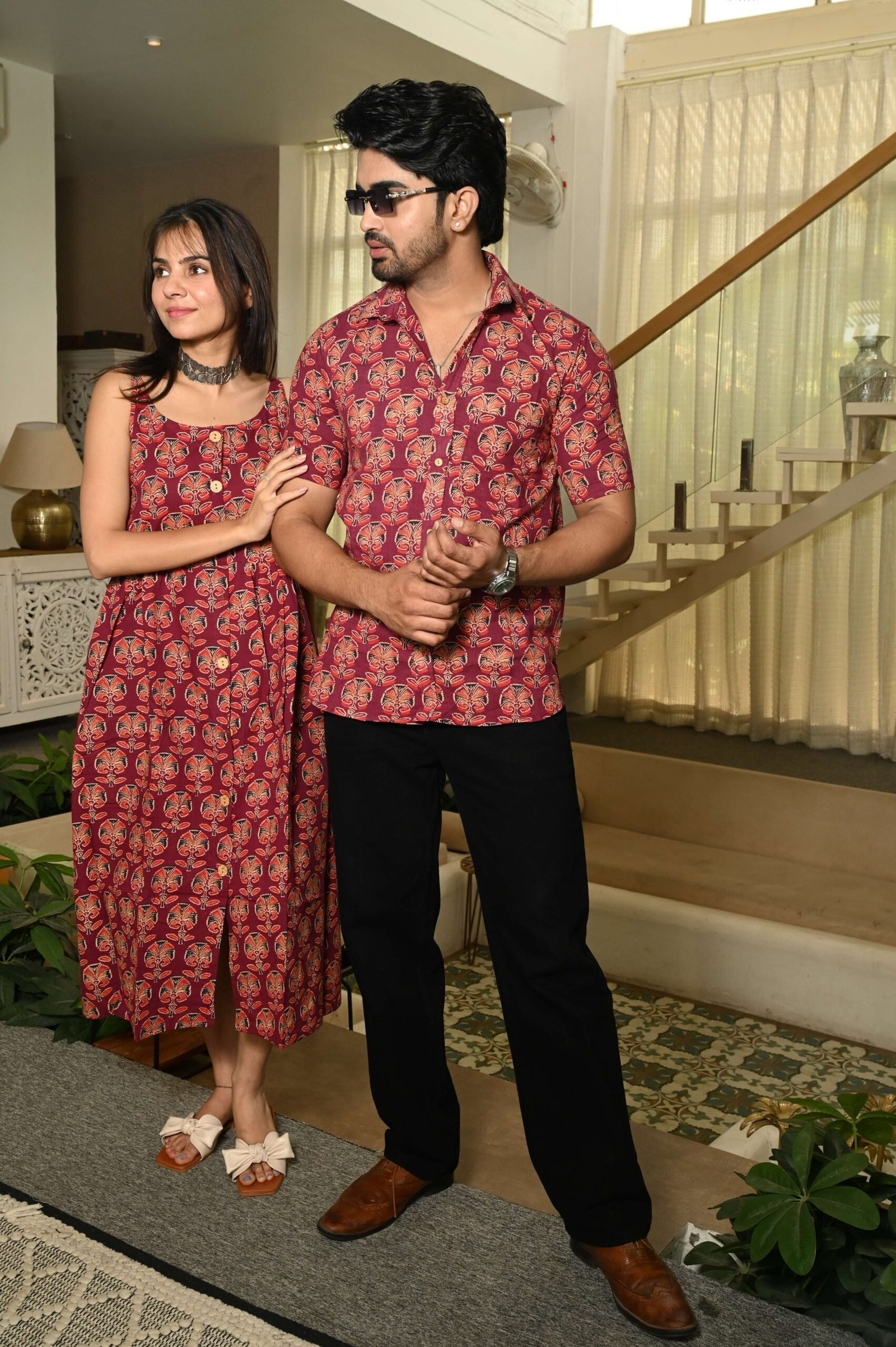 Couple Matching Outfit ? Maroon Ethnic Print Cotton Midi Dress & Shirt Set, Festive Casual Wear