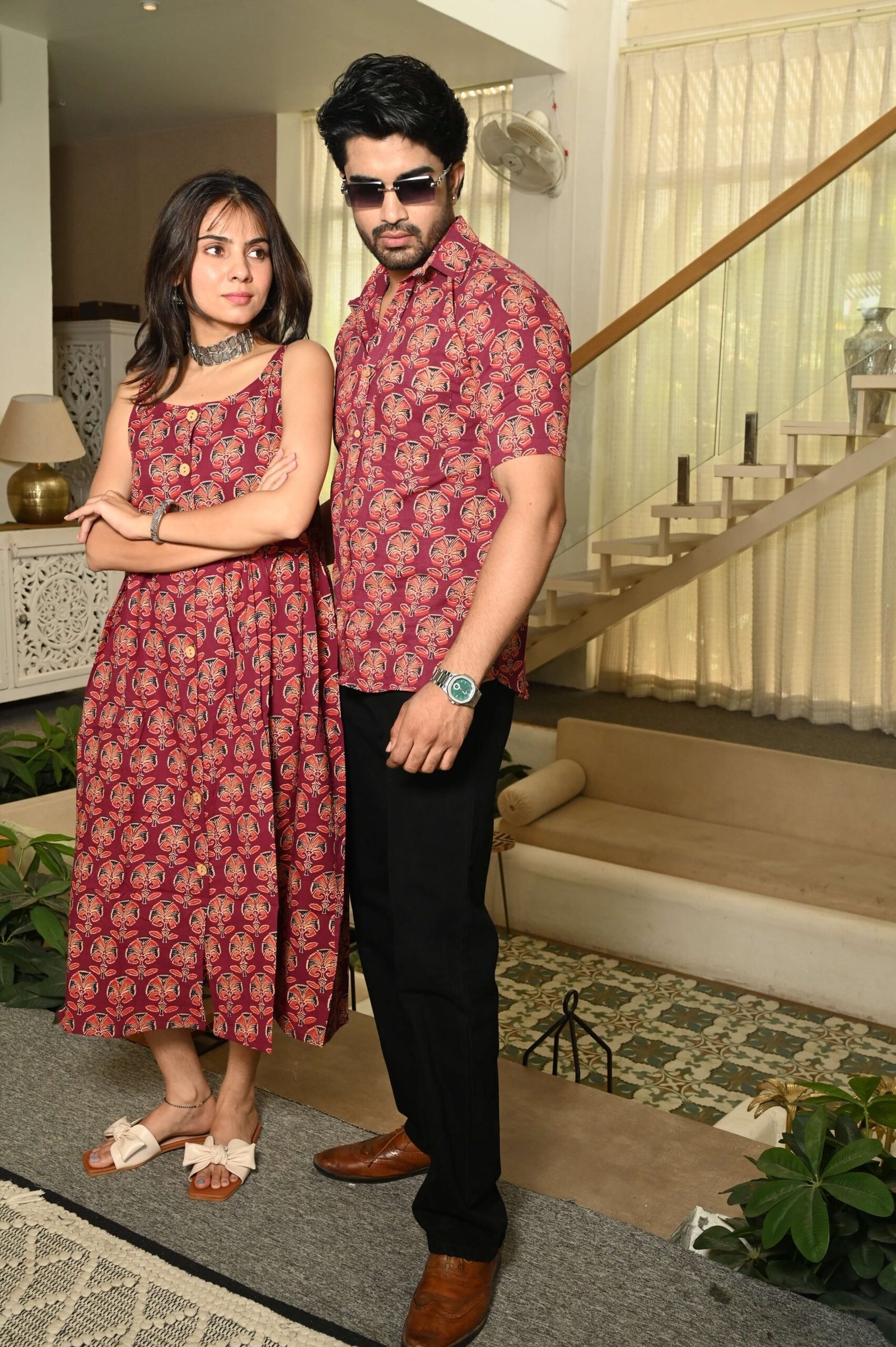 Couple Matching Outfit ? Maroon Ethnic Print Cotton Midi Dress & Shirt Set, Festive Casual Wear