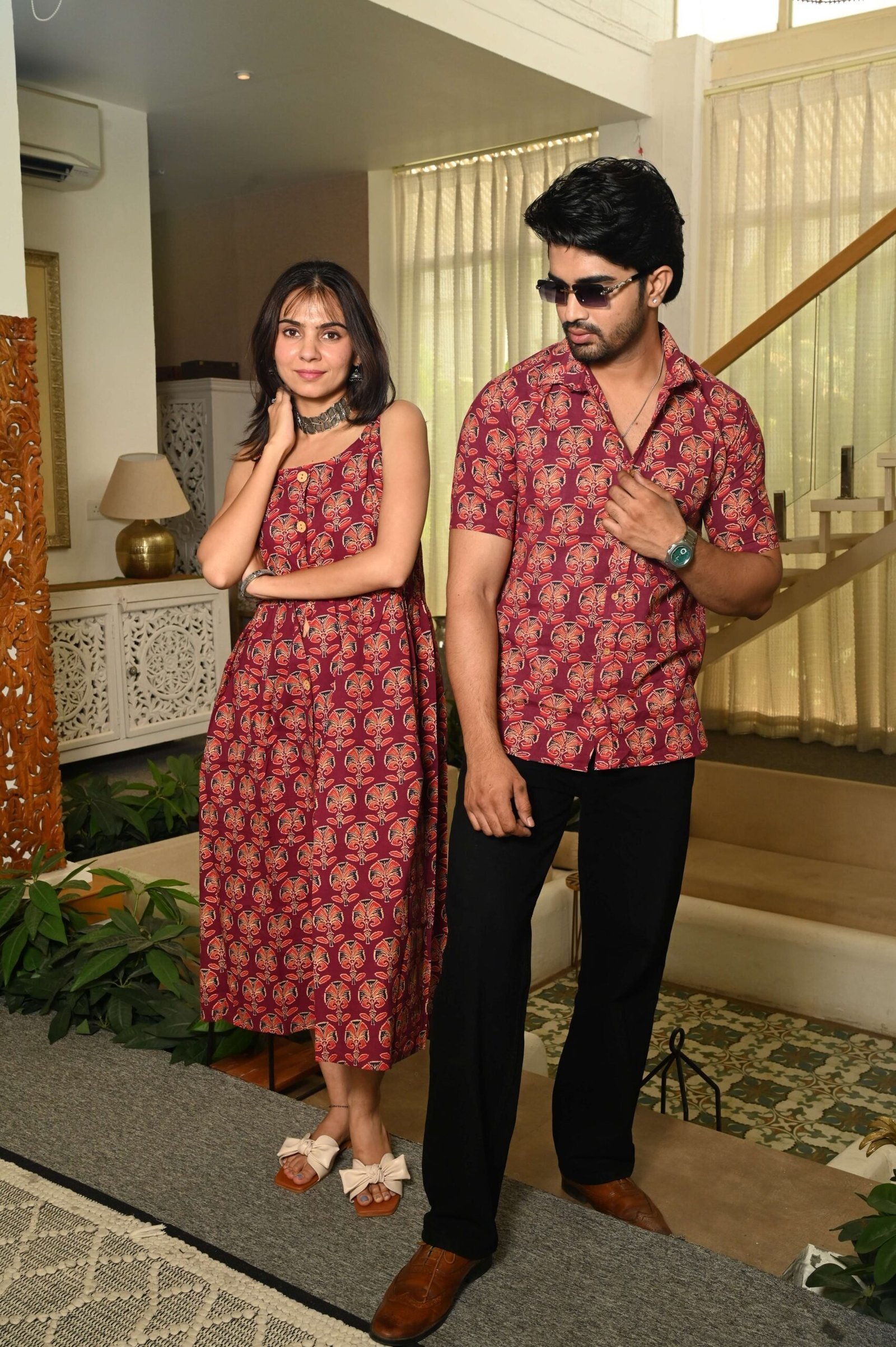 Couple Matching Outfit ? Maroon Ethnic Print Cotton Midi Dress & Shirt Set, Festive Casual Wear