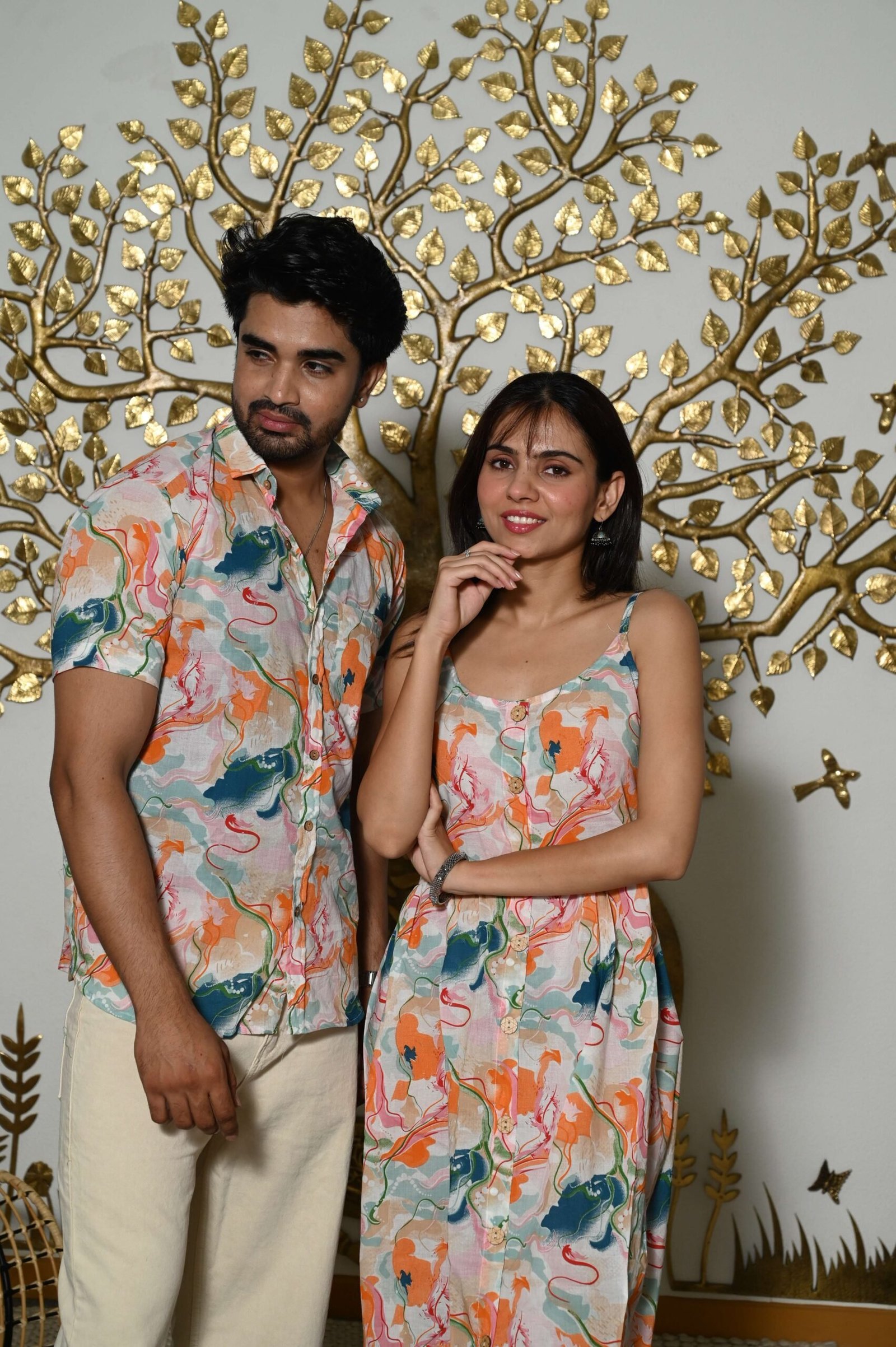 Couple Matching Outfit ? Multi-color Cotton Printed Midi Dress & Shirt Set, Summer Casual Wear
