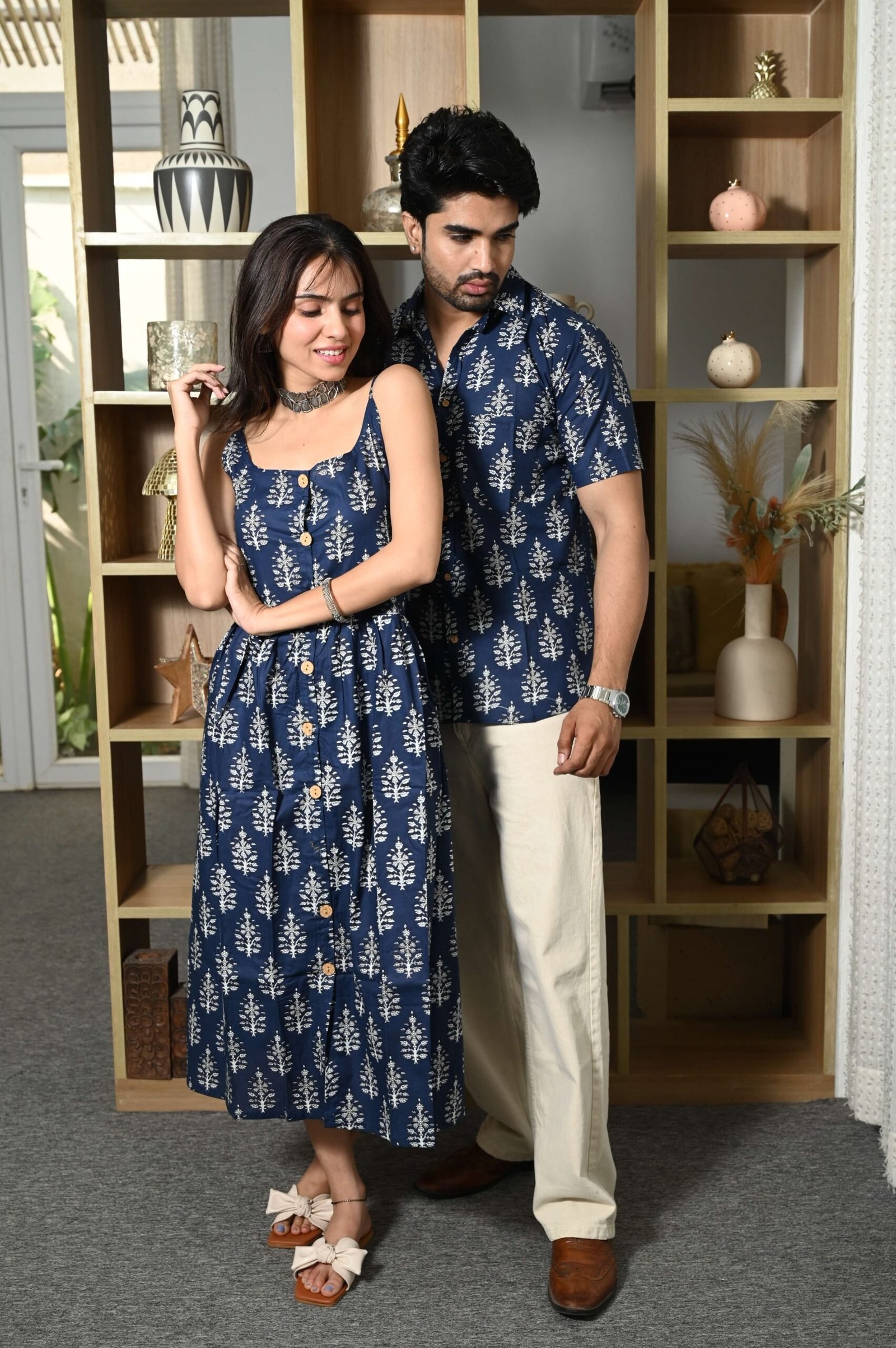 Couple Matching Outfit ? Navy Blue Cotton Printed Midi Dress & Shirt Set, Summer Casual Wear