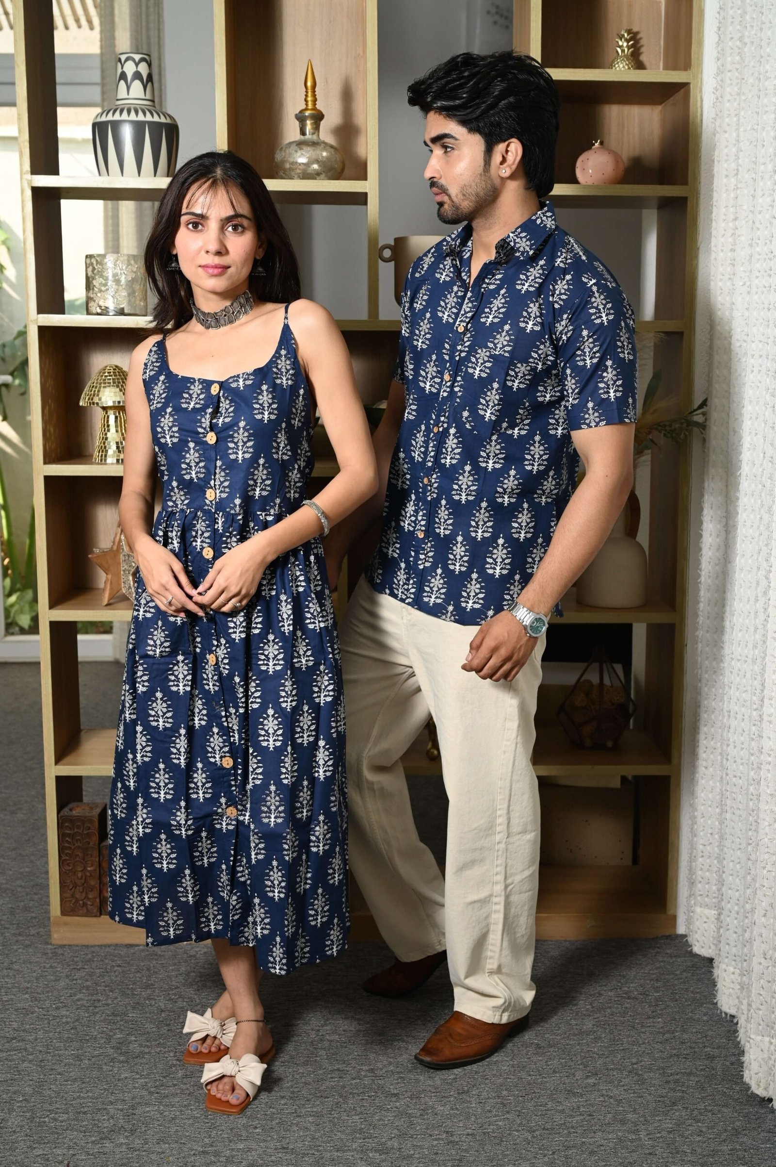 Couple Matching Outfit ? Navy Blue Cotton Printed Midi Dress & Shirt Set, Summer Casual Wear