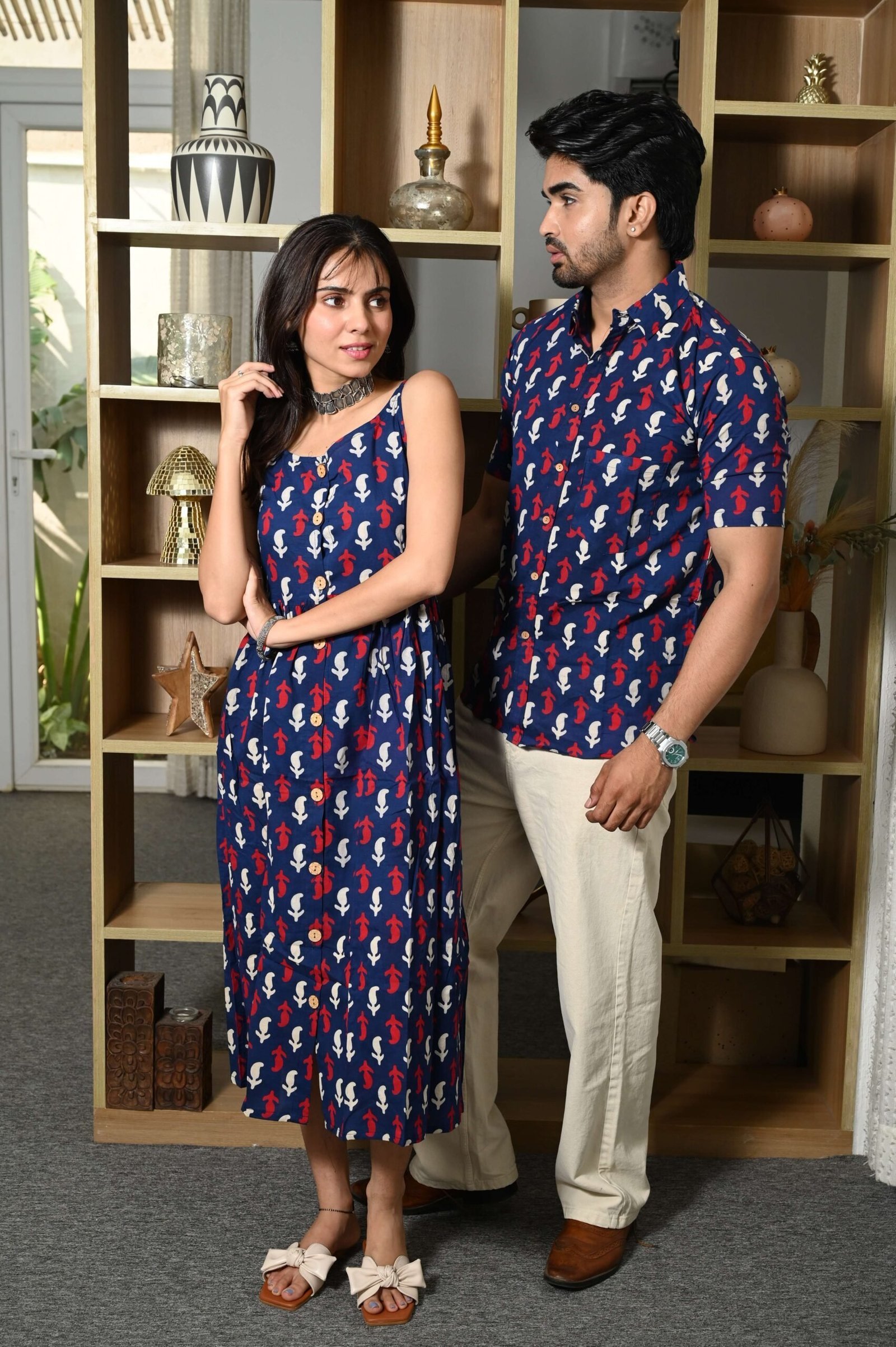 Couple Matching Outfit ? Navy Blue Cotton Printed Midi Dress & Shirt Set, Summer Casual Wear