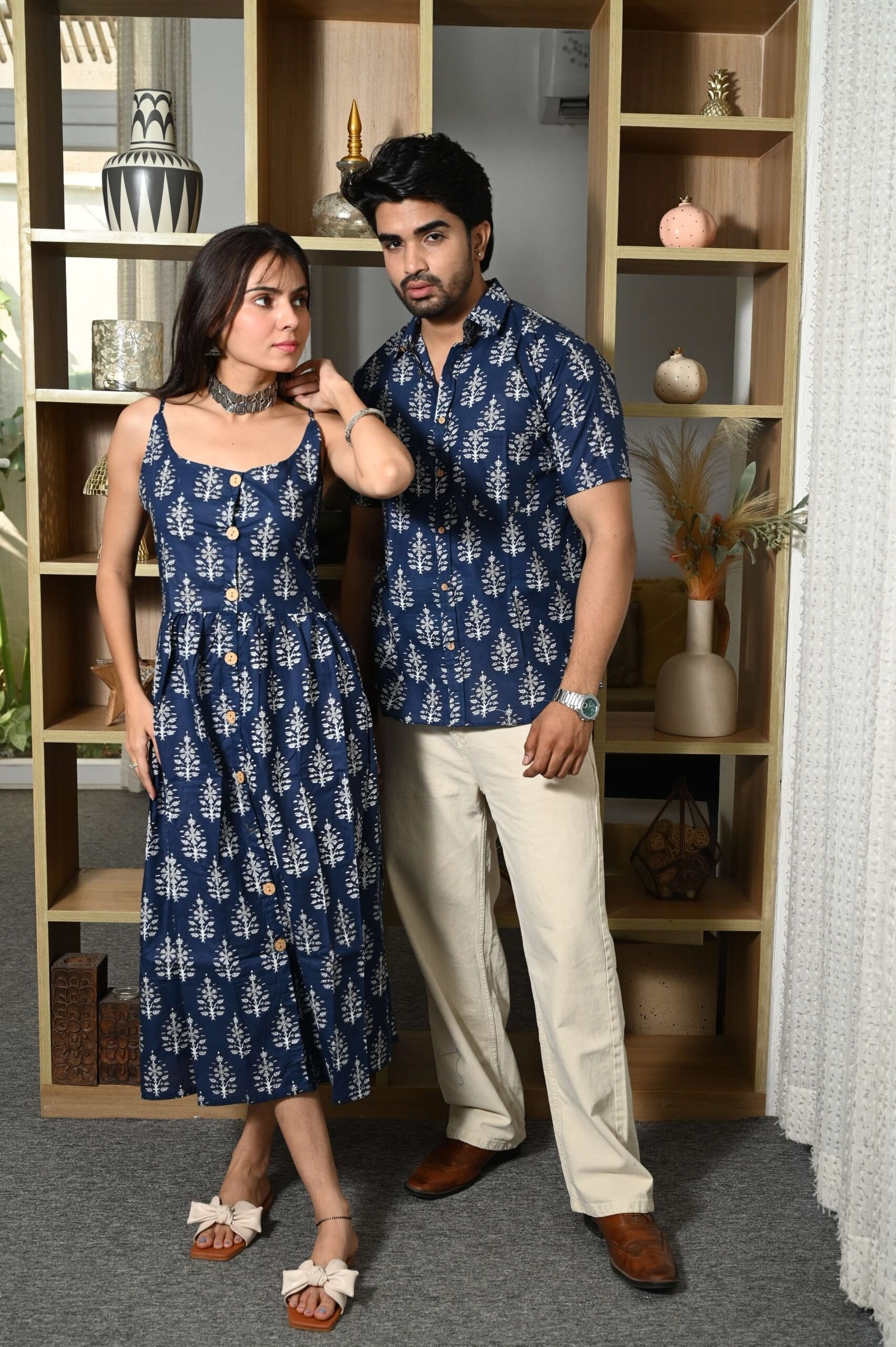 Couple Matching Outfit ? Navy Blue Cotton Printed Midi Dress & Shirt Set, Summer Casual Wear
