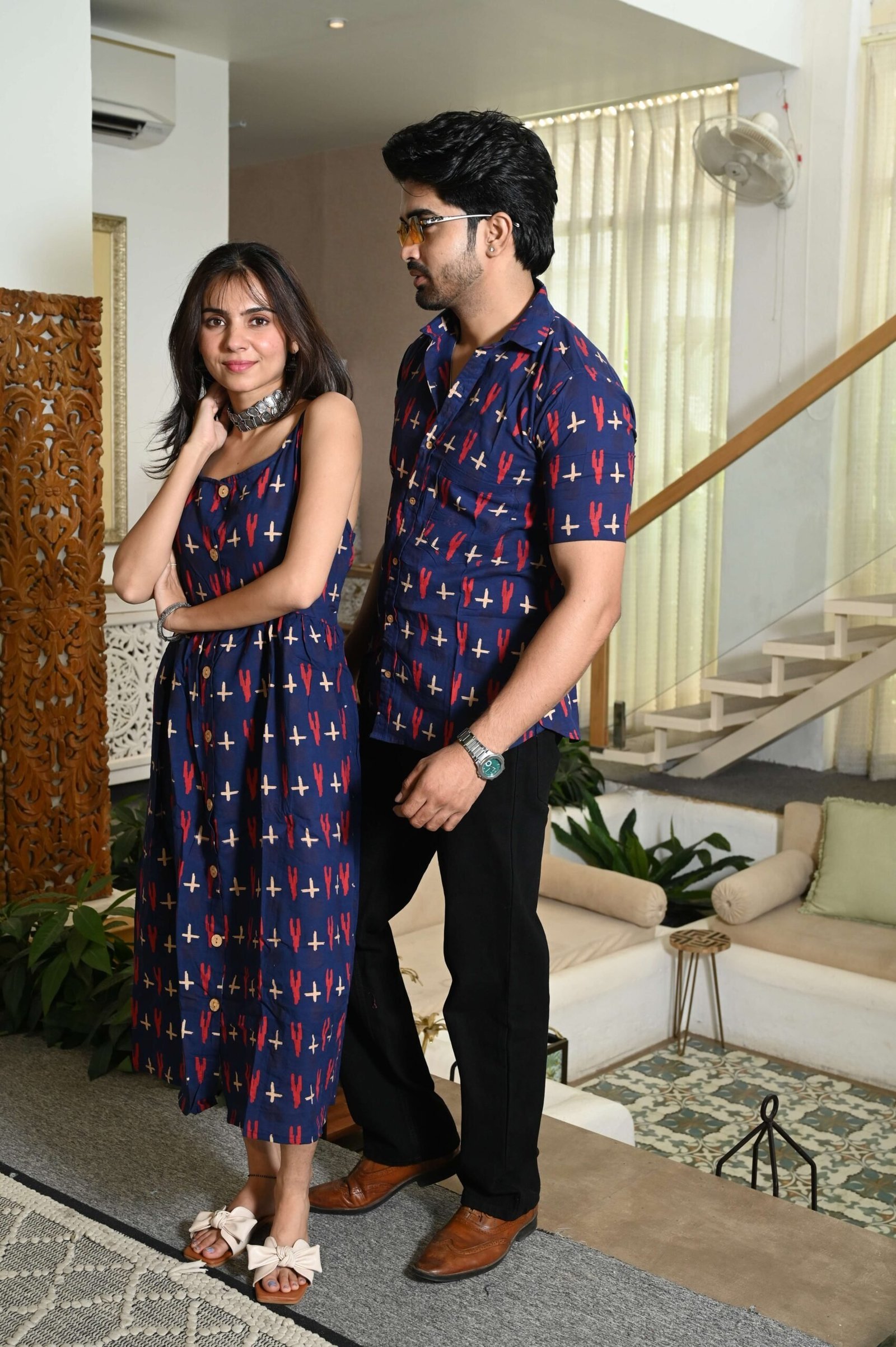 Couple Matching Outfit ? Navy Blue Cotton Printed Midi Dress & Shirt Set, Summer Casual Wear
