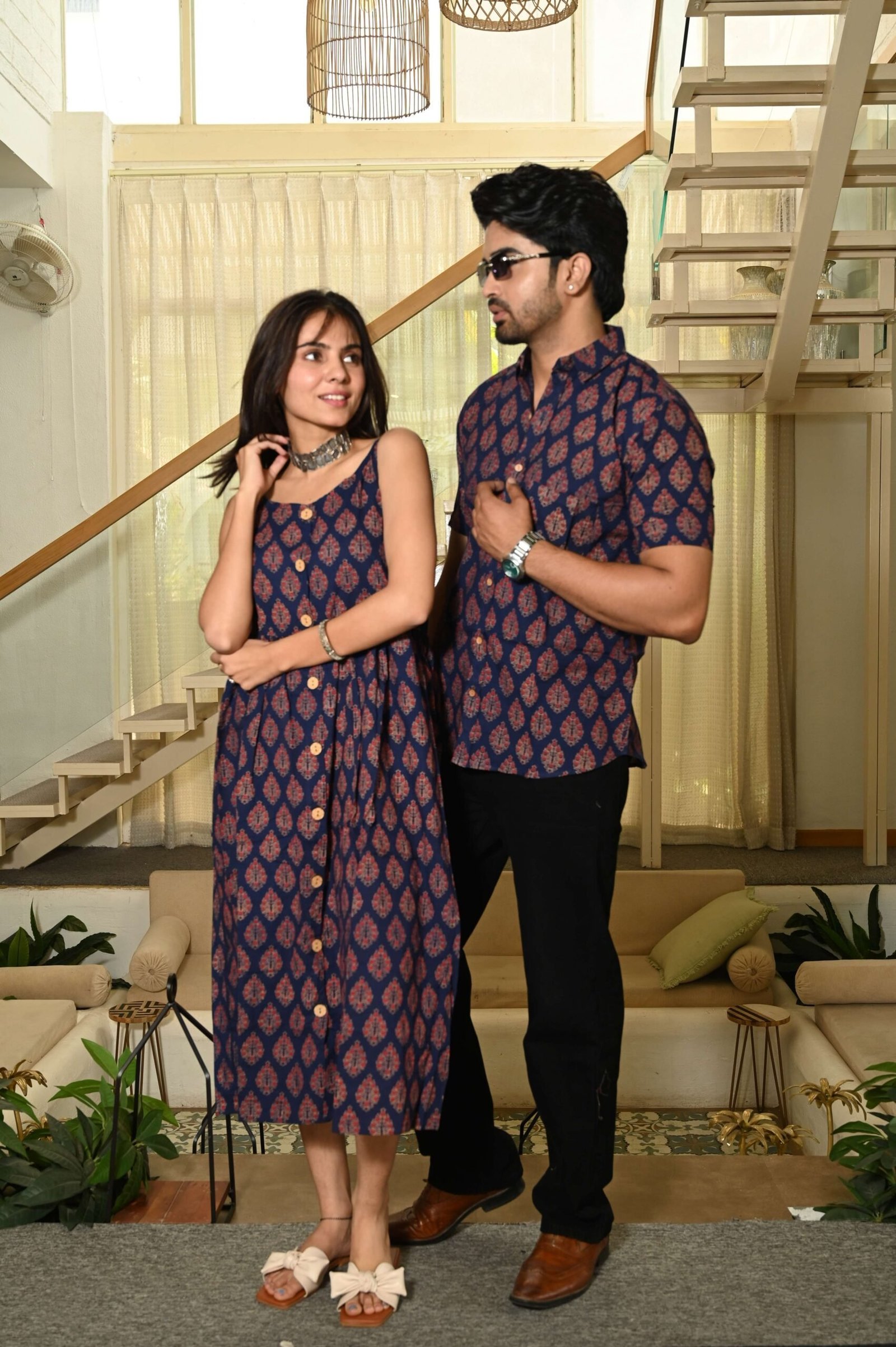 Couple Matching Outfit ? Navy Blue Leaf Print Cotton Midi Dress & Shirt Set, Festive Ethnic Wear