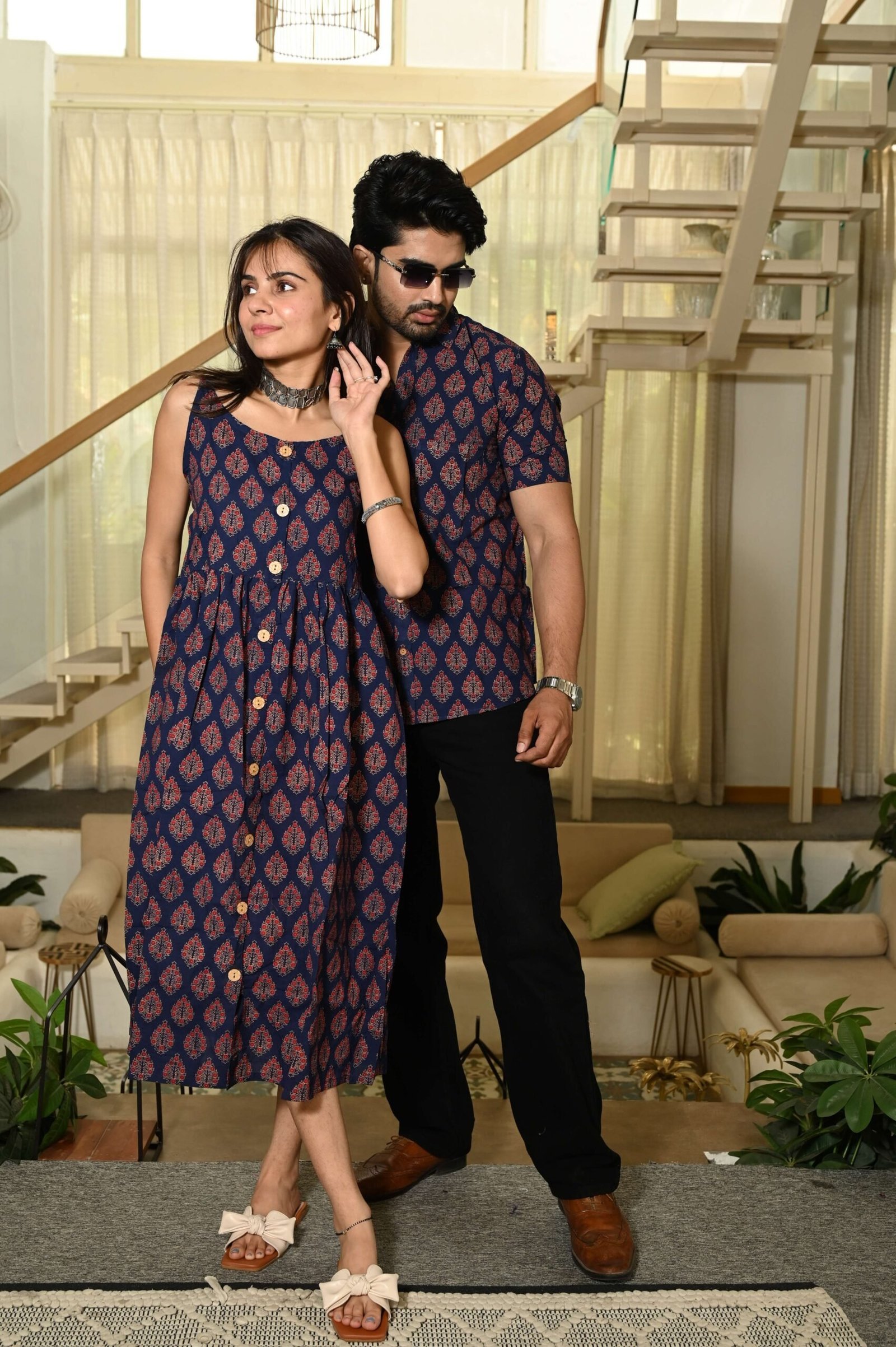 Couple Matching Outfit ? Navy Blue Leaf Print Cotton Midi Dress & Shirt Set, Festive Ethnic Wear