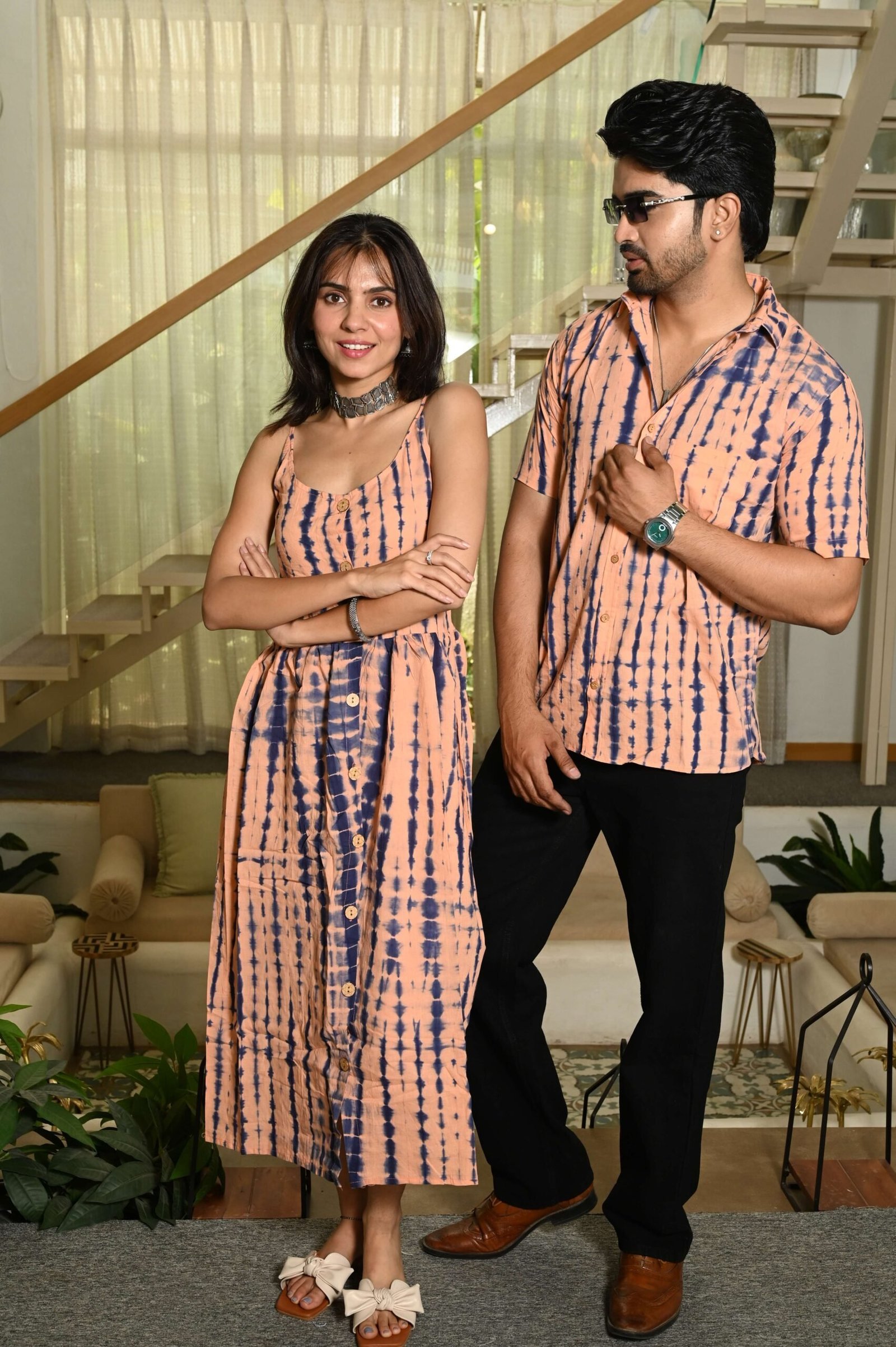 Couple Matching Outfit ? Peach Cotton Printed Midi Dress & Shirt Set, Casual Summer Wear