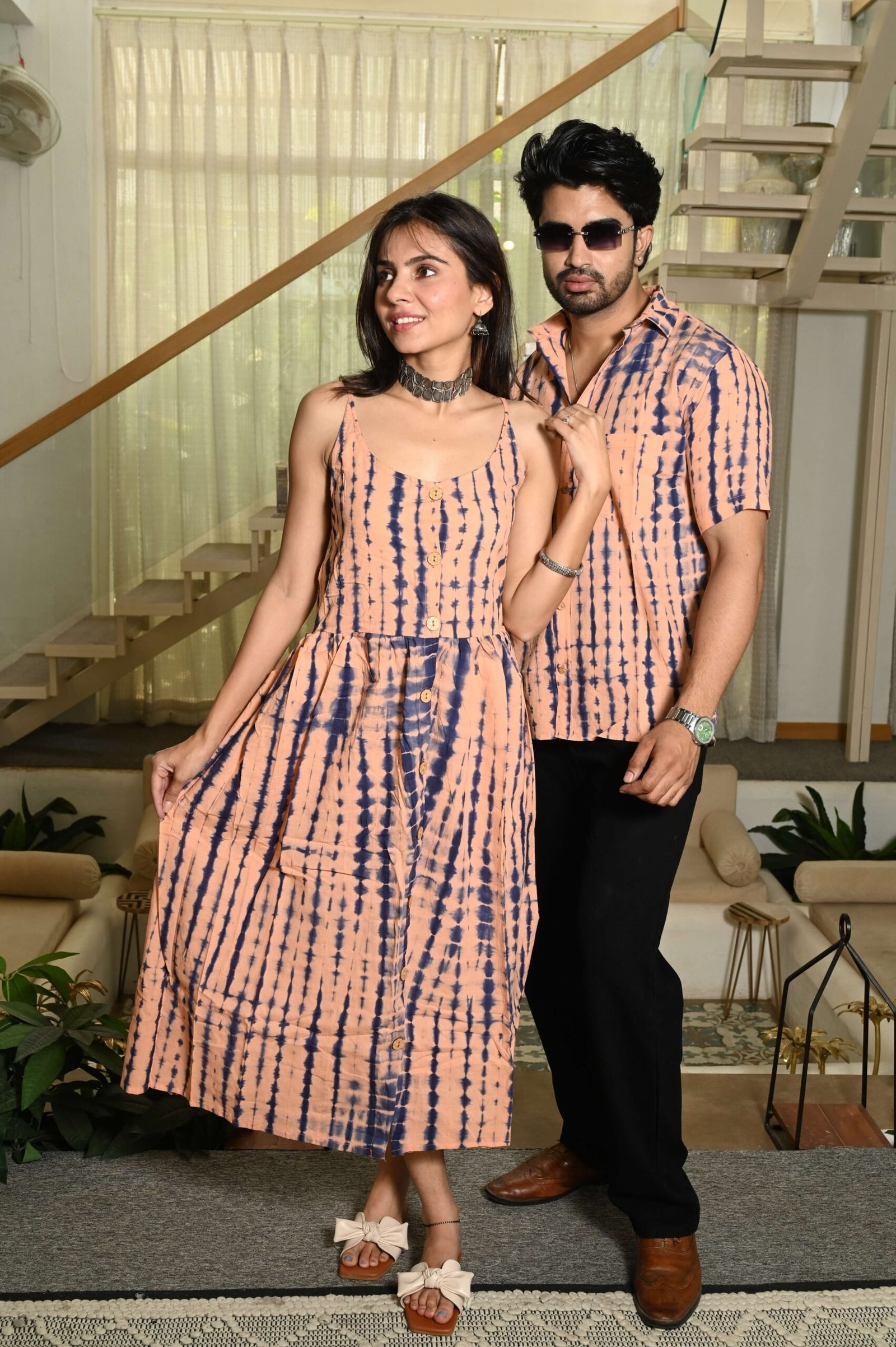 Couple Matching Outfit ? Peach Cotton Printed Midi Dress & Shirt Set, Casual Summer Wear