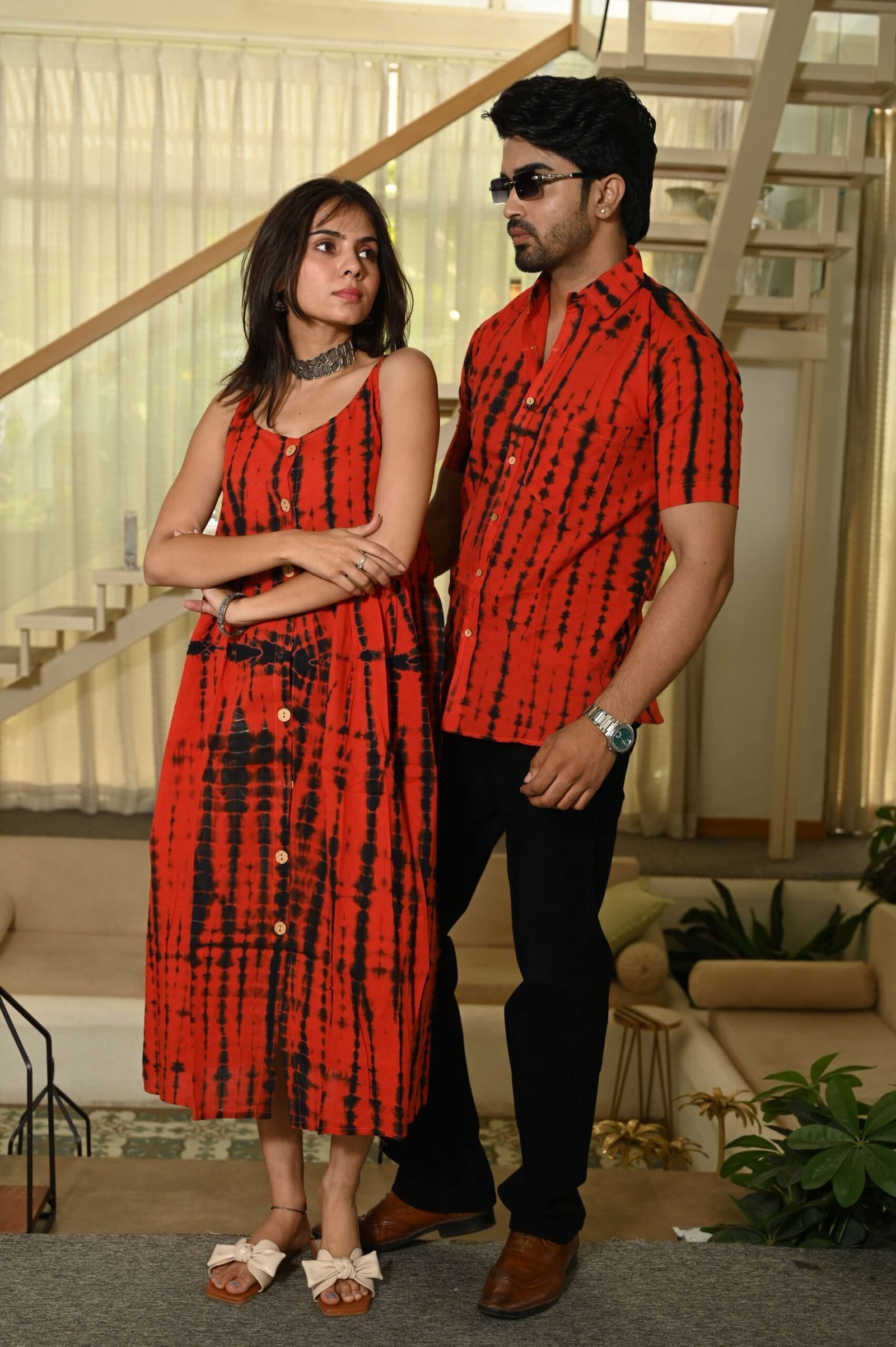 Couple Matching Outfit ? Red Printed Cotton Midi Dress & Shirt Set, Ethnic Casual Wear