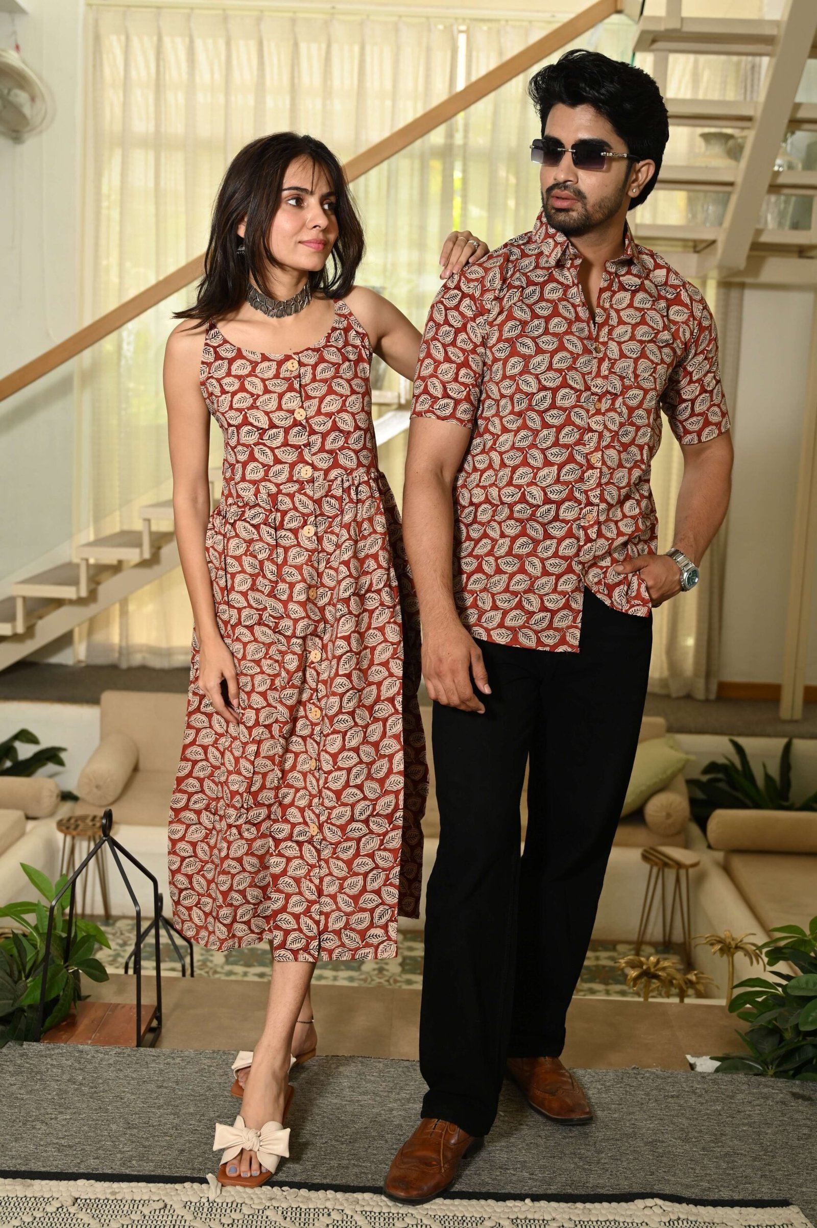 Couple Matching Outfit ? Rust Red Leaf Print Cotton Midi Dress & Shirt Set, Casual Ethnic Wear