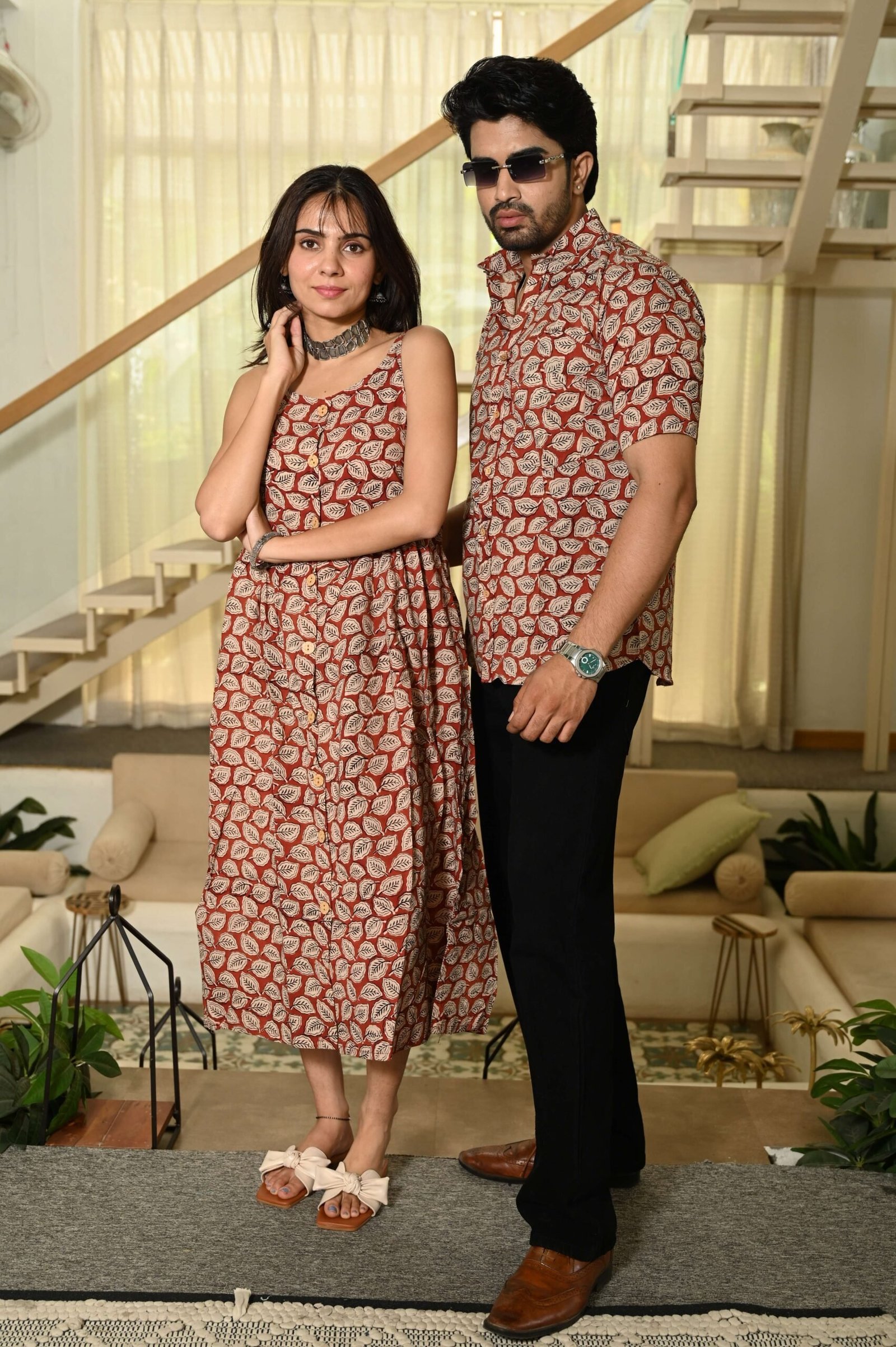 Couple Matching Outfit ? Rust Red Leaf Print Cotton Midi Dress & Shirt Set, Casual Ethnic Wear