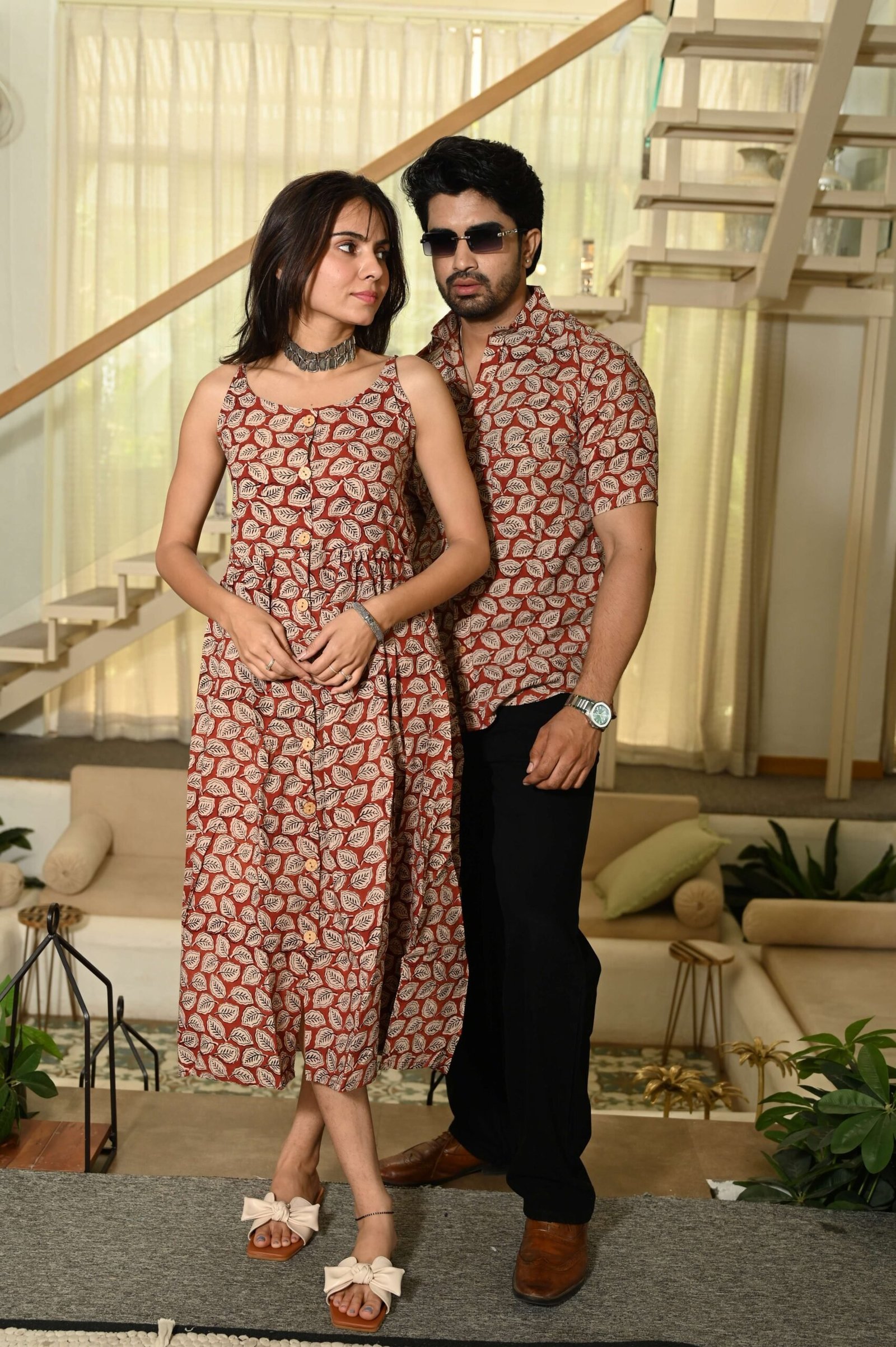 Couple Matching Outfit ? Rust Red Leaf Print Cotton Midi Dress & Shirt Set, Casual Ethnic Wear