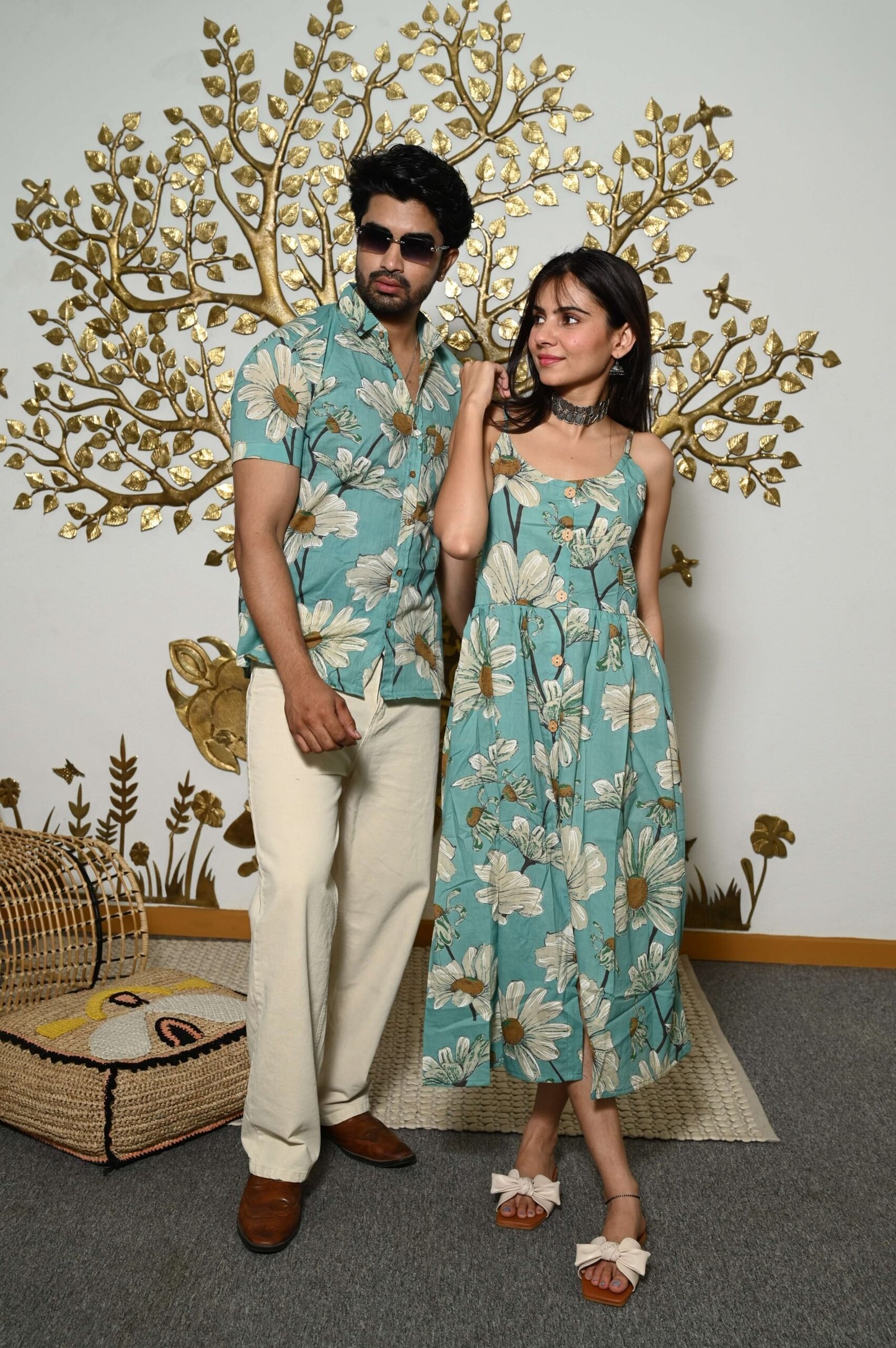 Couple Matching Outfit ? Teal-Blue Cotton Floral Printed Midi Dress & Shirt Set, Summer Casual Wear