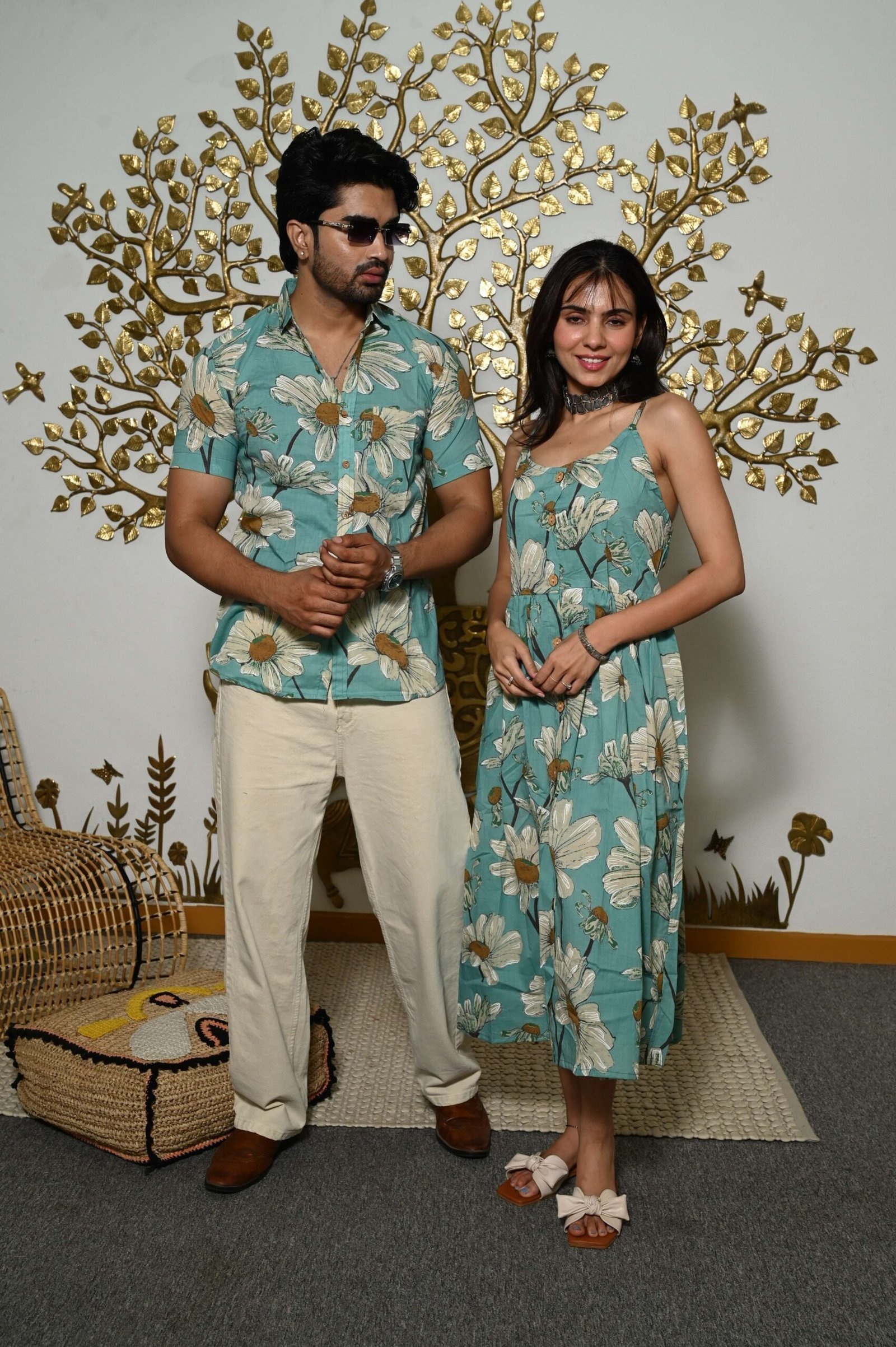 Couple Matching Outfit ? Teal-Blue Cotton Floral Printed Midi Dress & Shirt Set, Summer Casual Wear