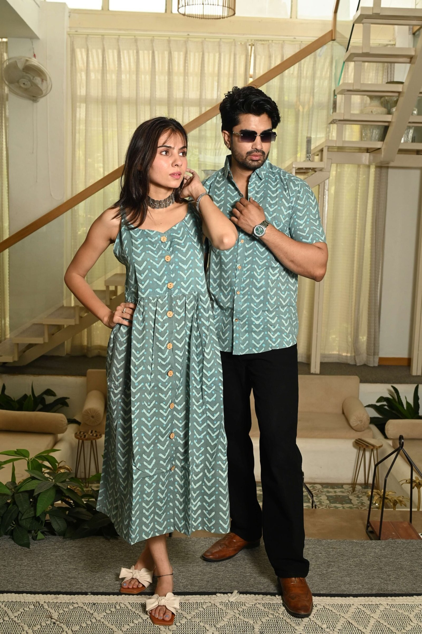 Couple Matching Outfit ? Teal Green Cotton Printed Midi Dress & Shirt Set, Summer Casual Wear