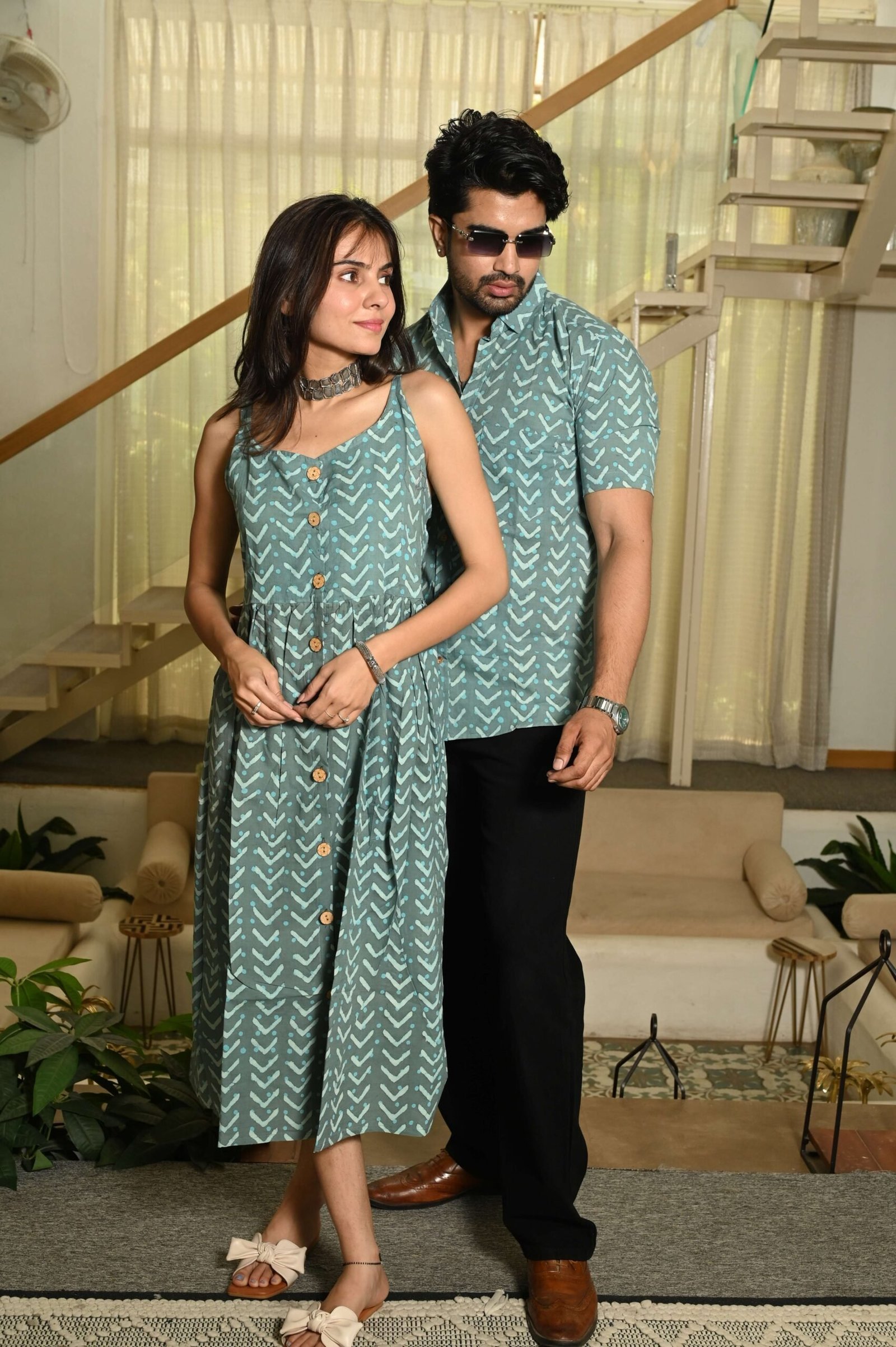 Couple Matching Outfit ? Teal Green Cotton Printed Midi Dress & Shirt Set, Summer Casual Wear