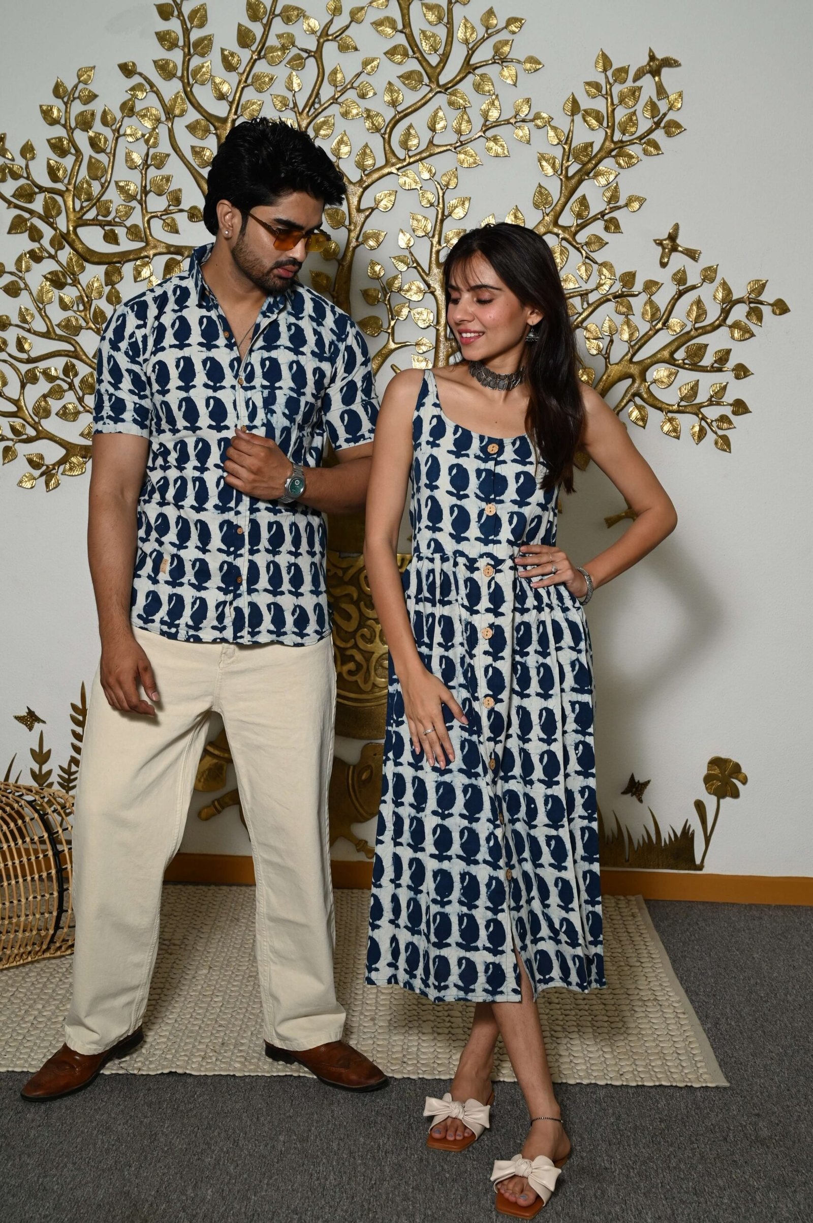 Couple Matching Outfit ? White Blue Cotton Printed Midi Dress & Shirt Set, Summer Casual Wear