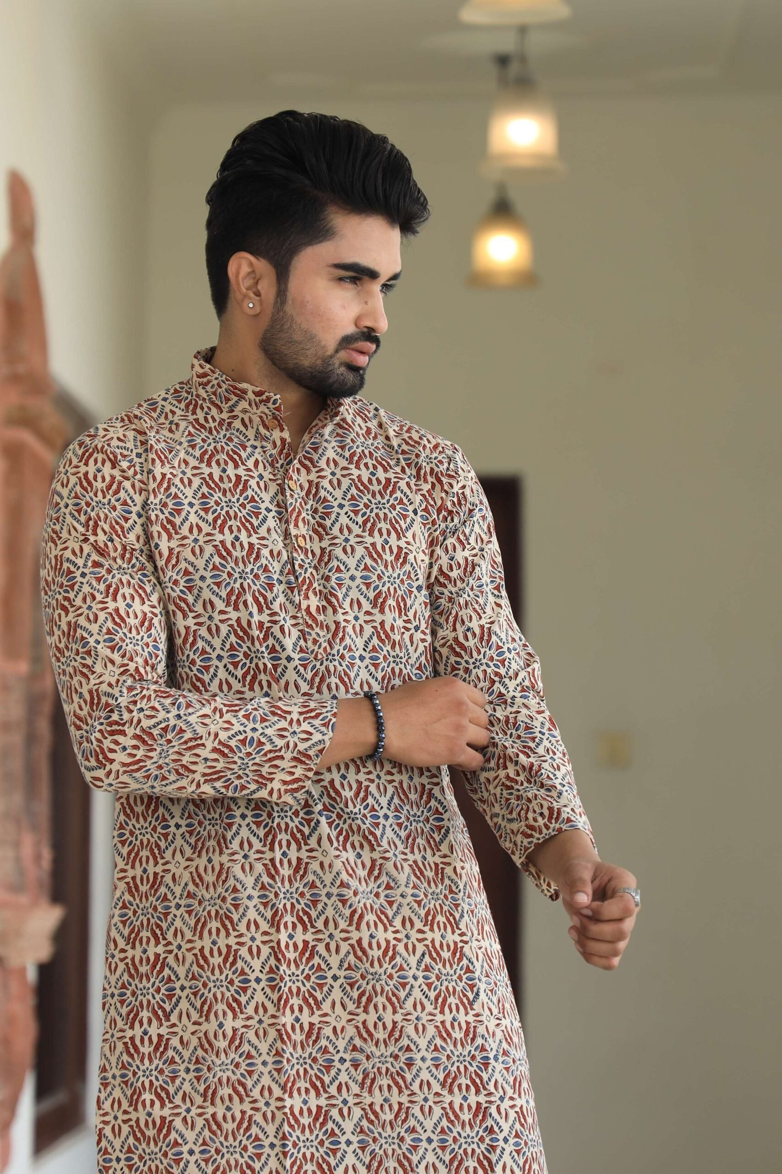 Mens Beige Multicolor Printed Cotton Kurta with White Pajama ? Traditional Ethnic Wear for Festive & Wedding