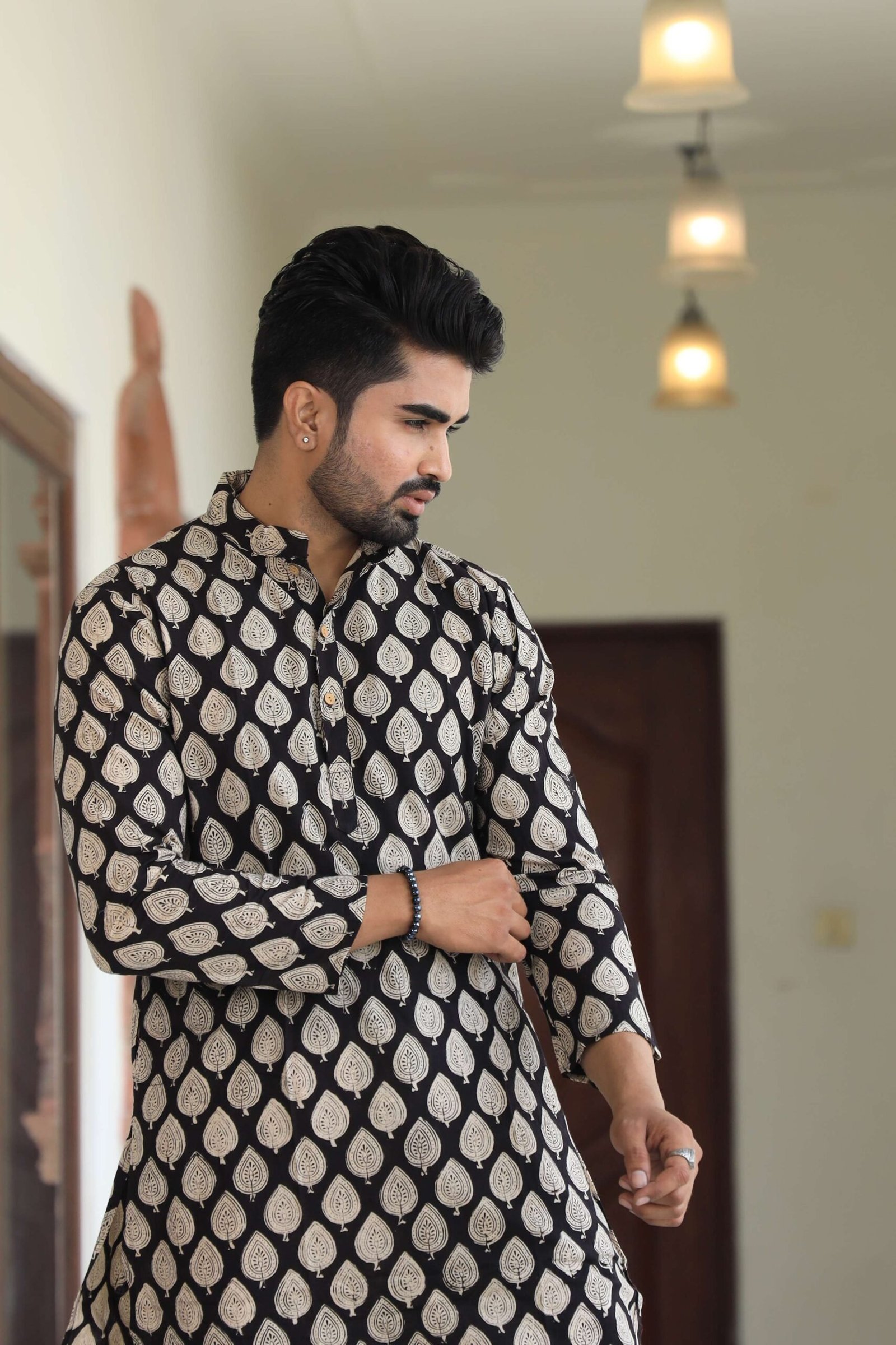Mens Black Leaf Printed Cotton Kurta with White Pajama ? Traditional Ethnic Wear for Festive & Wedding
