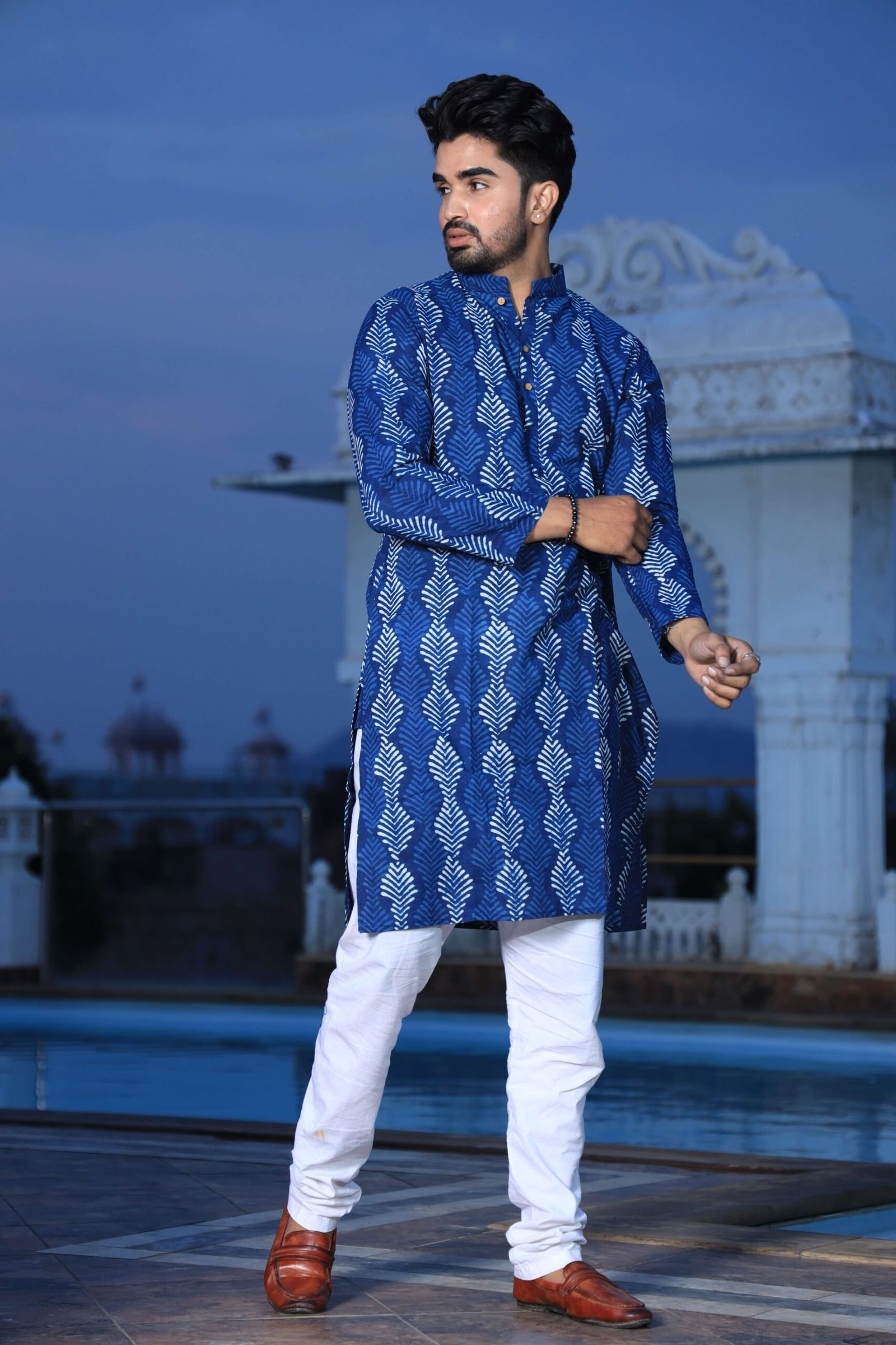 Mens Blue Handblock Printed Cotton Kurta with White Pajama ? Stylish Ethnic & Festive Wear