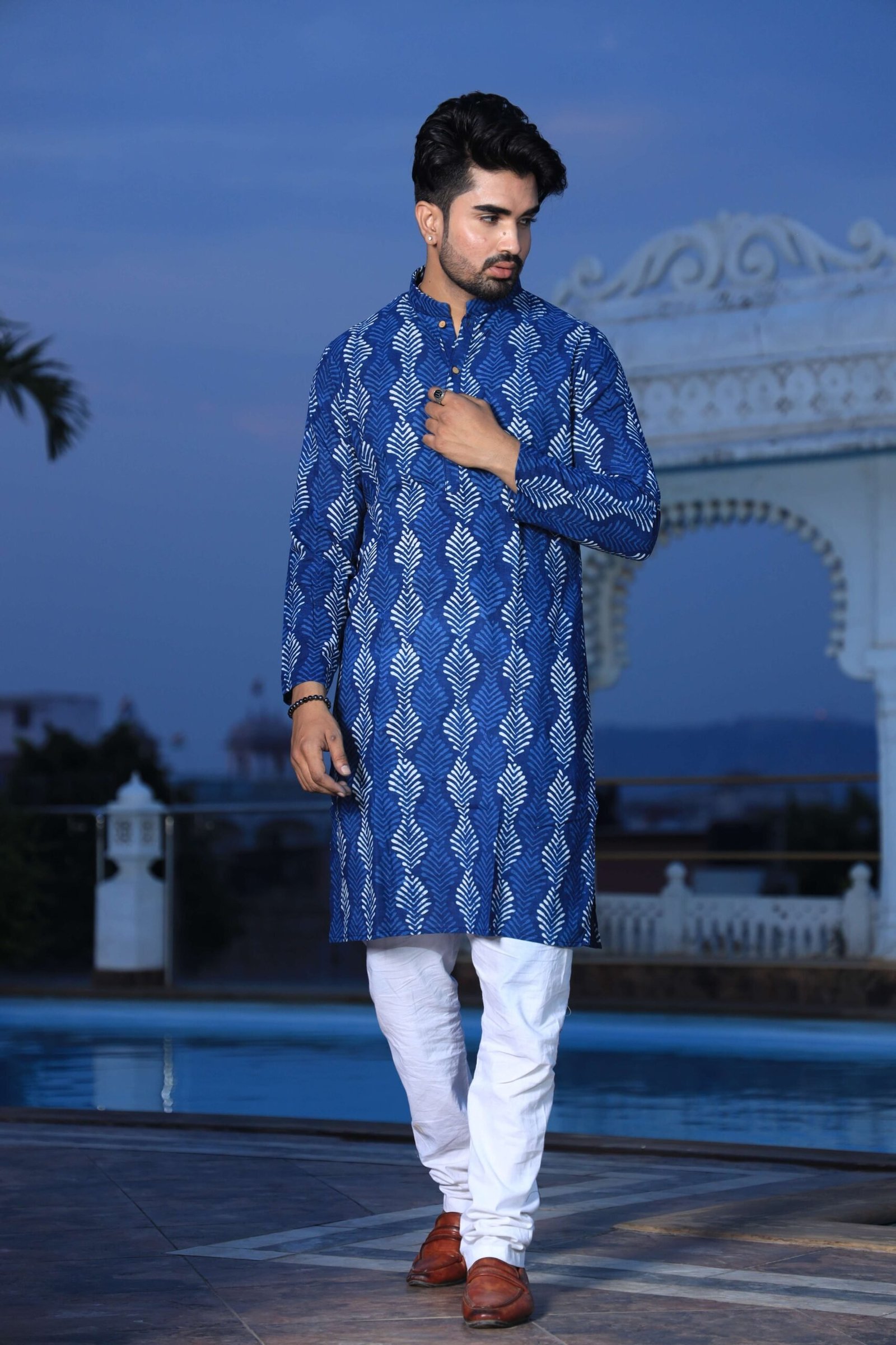 Mens Blue Handblock Printed Cotton Kurta with White Pajama ? Stylish Ethnic & Festive Wear