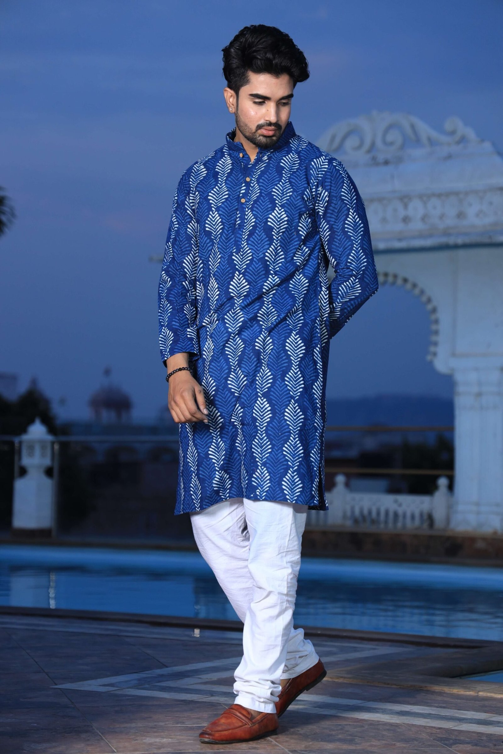 Mens Blue Handblock Printed Cotton Kurta with White Pajama ? Stylish Ethnic & Festive Wear