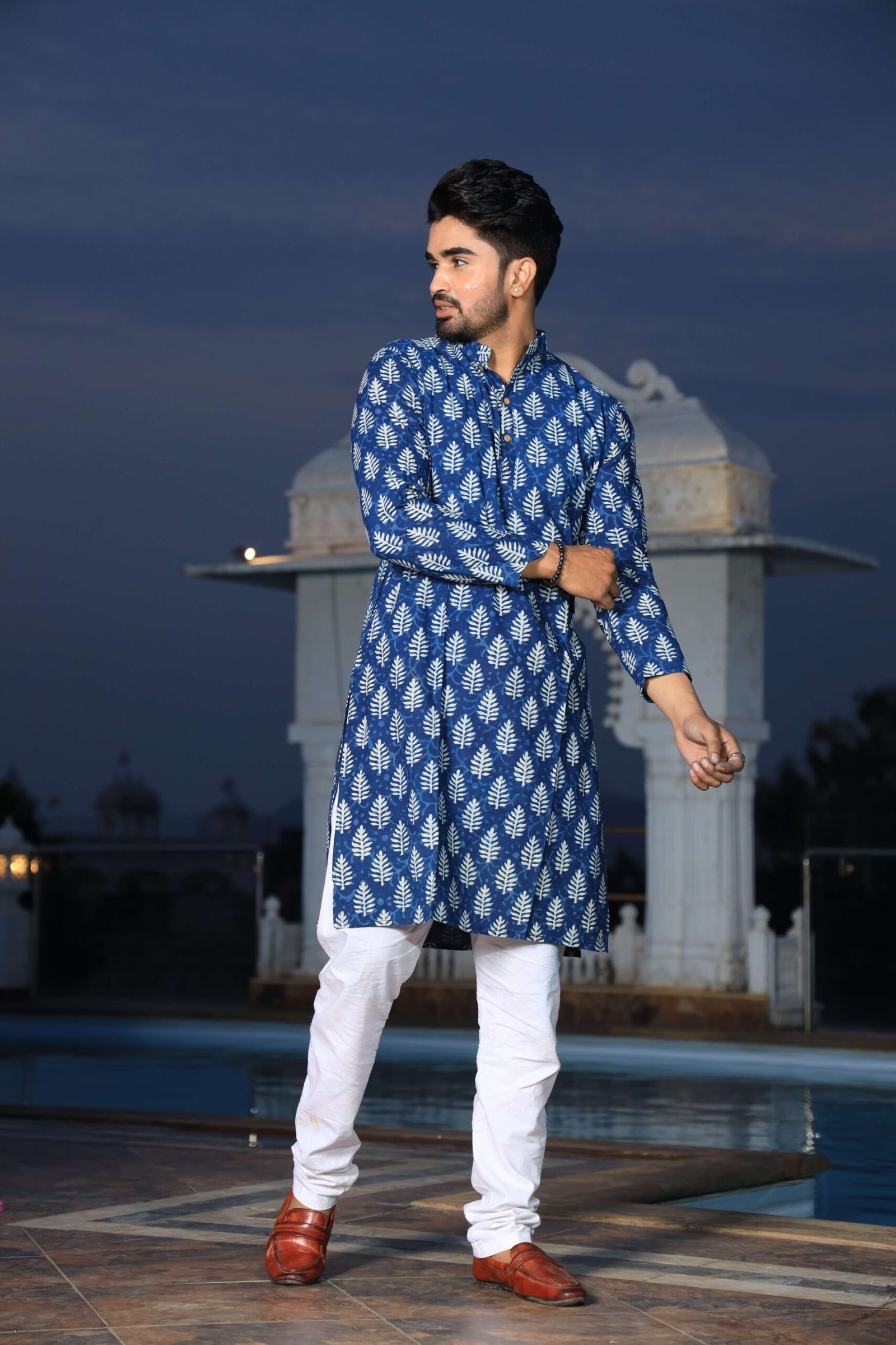 Mens Blue Printed Cotton Kurta with White Pajama ? Elegant Traditional & Ethnic Wear