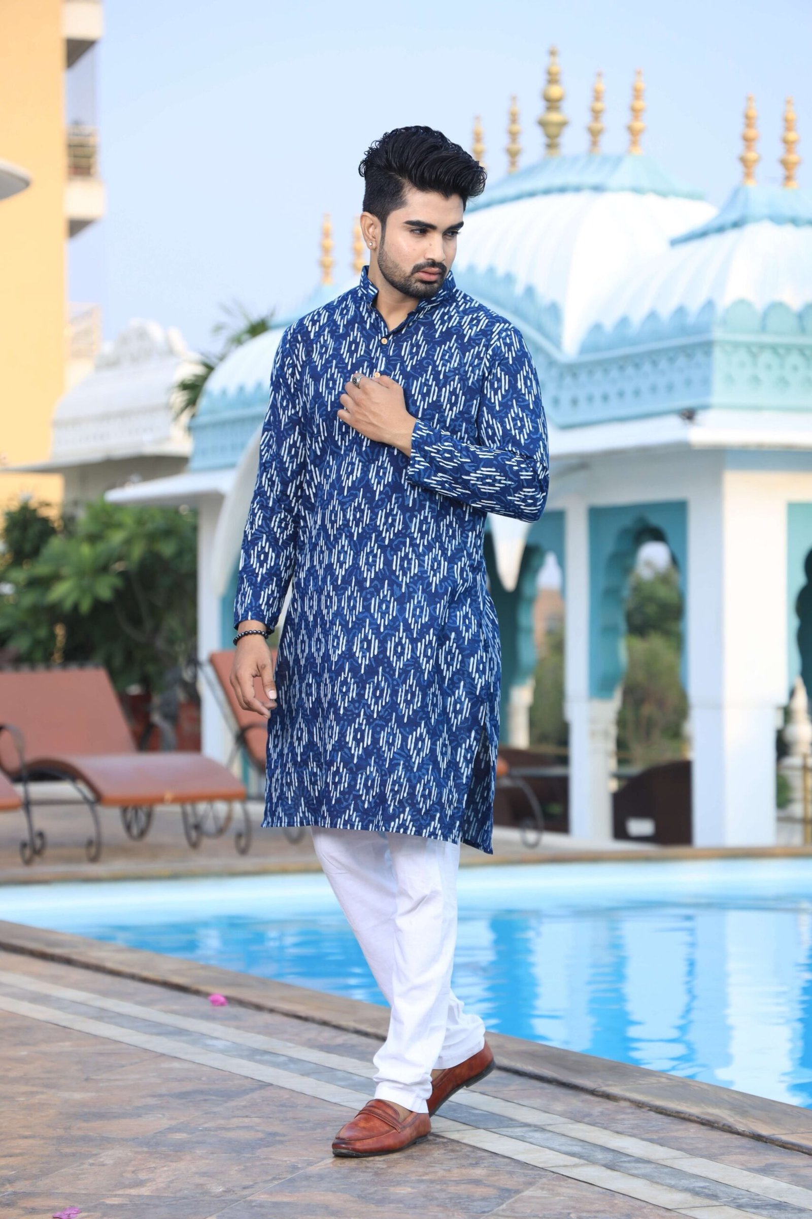 Mens Blue Printed Cotton Kurta with White Pajama ? Elegant Traditional & Ethnic Wear