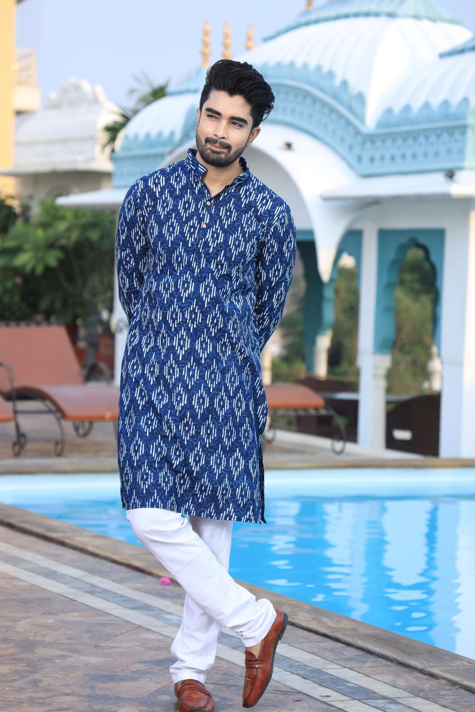 Mens Blue Printed Cotton Kurta with White Pajama ? Elegant Traditional & Ethnic Wear