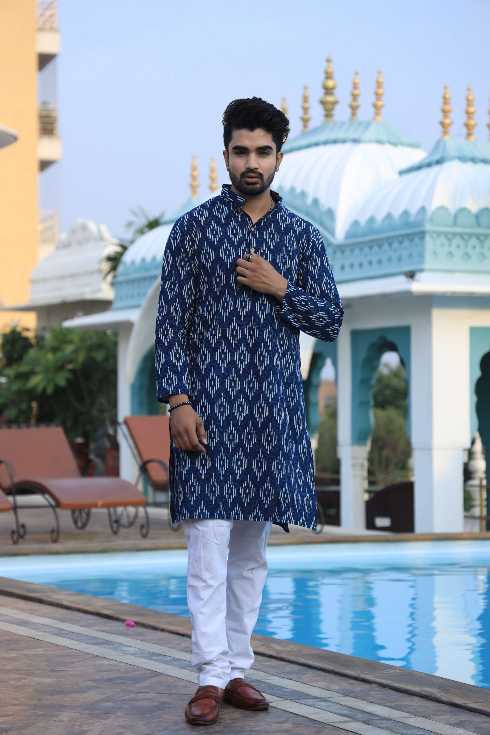 Mens Blue Printed Cotton Kurta with White Pajama ? Elegant Traditional & Ethnic Wear