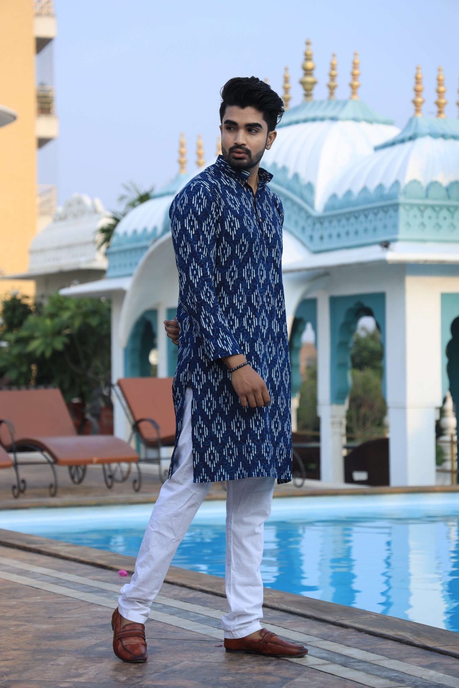 Mens Blue Printed Cotton Kurta with White Pajama ? Elegant Traditional & Ethnic Wear