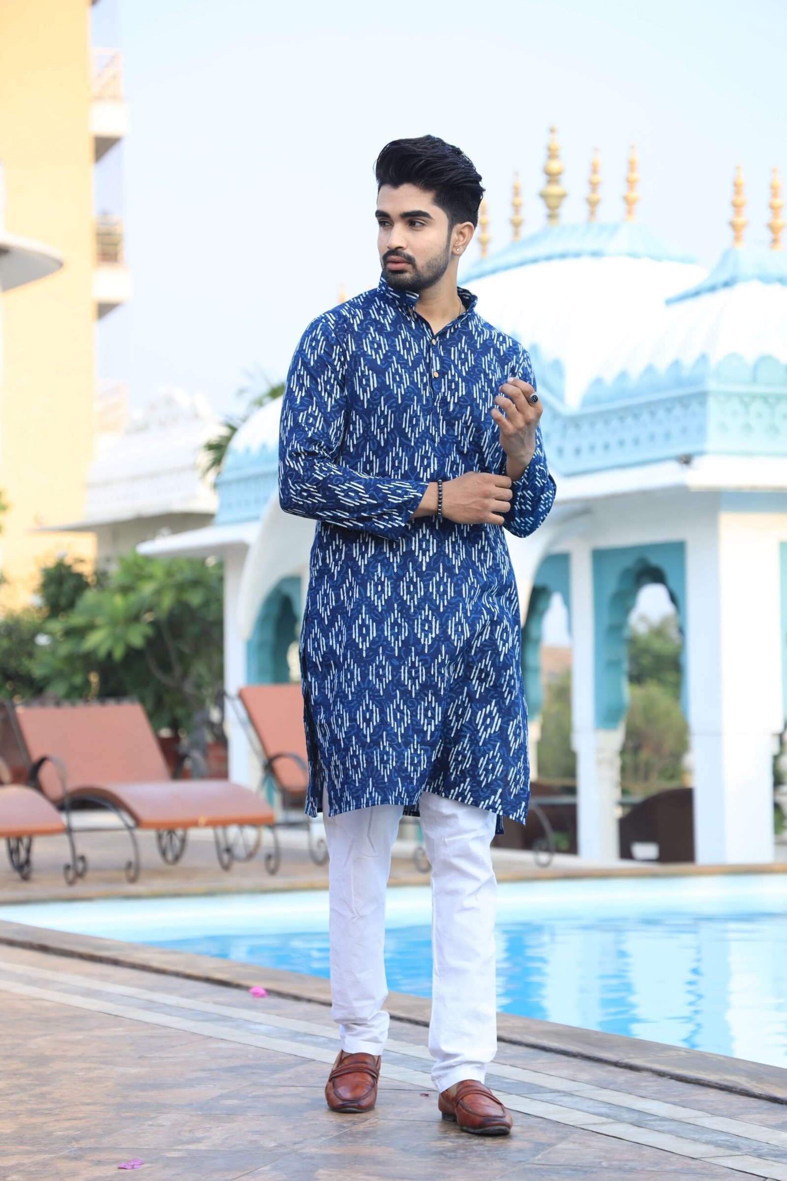 Mens Blue Printed Cotton Kurta with White Pajama ? Elegant Traditional & Ethnic Wear