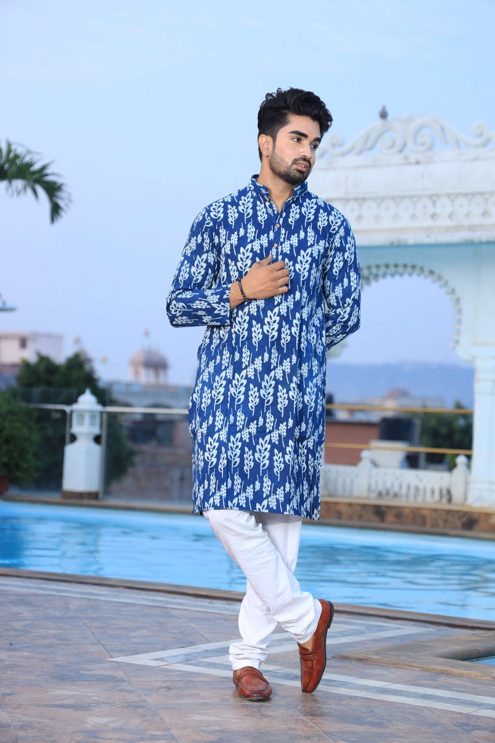 Mens Blue Printed Cotton Kurta with White Pajama ? Elegant Traditional & Ethnic Wear