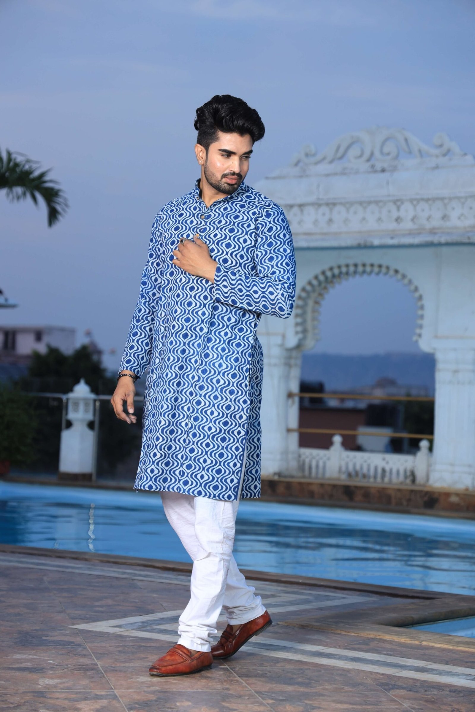 Mens Blue Printed Cotton Kurta with White Pajama ? Elegant Traditional & Ethnic Wear