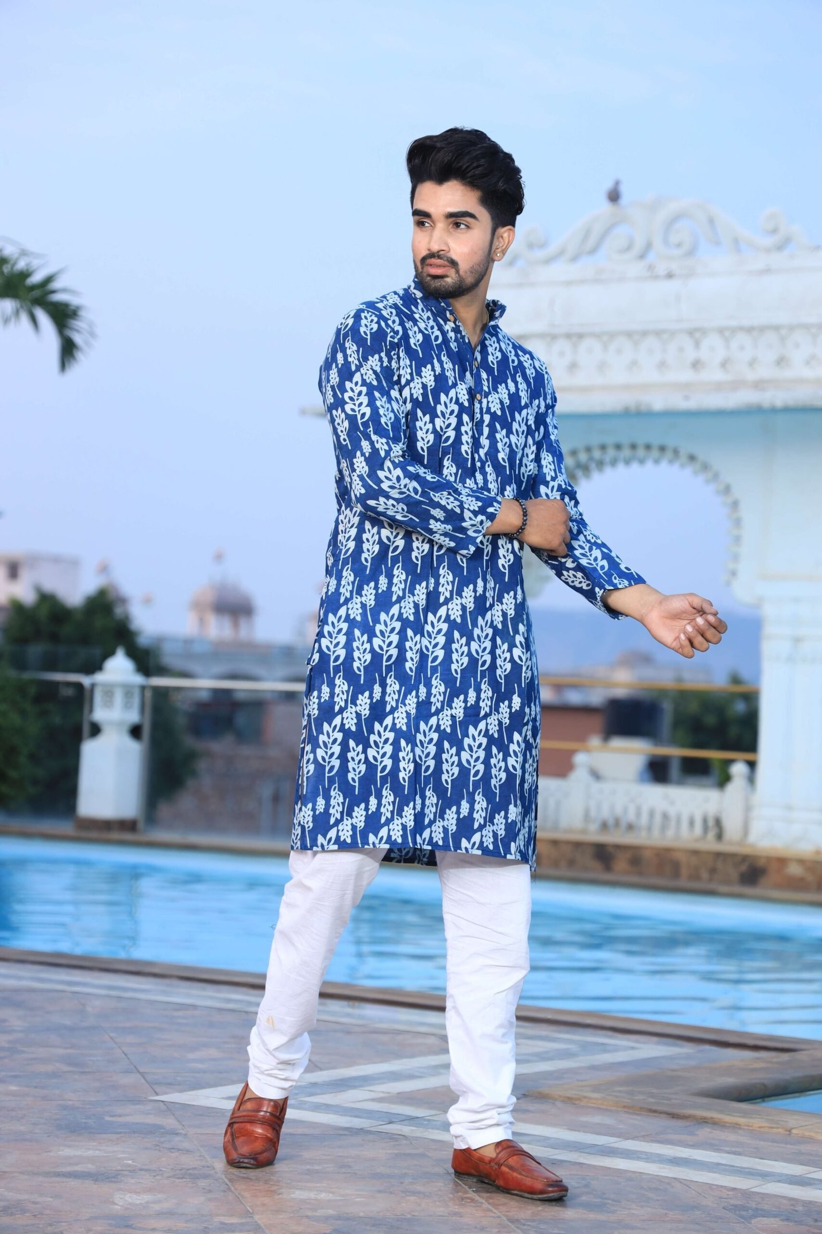 Mens Blue Printed Cotton Kurta with White Pajama ? Elegant Traditional & Ethnic Wear